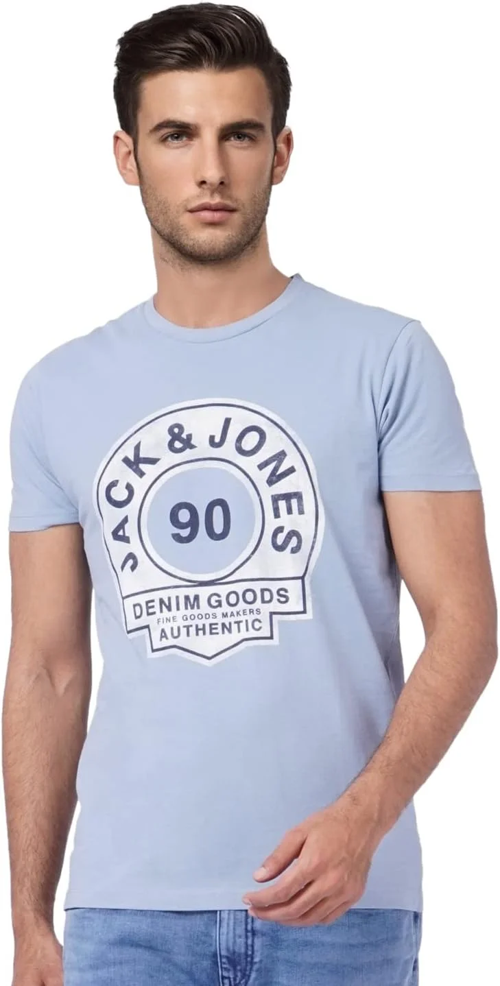 تی شرت یقه گرد آبی با طرح گرافیکی جک اند جونز، سایز M