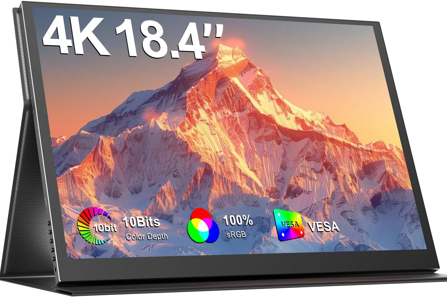 مانیتور قابل حمل 18.4 اینچی 4K UHD، نمایشگر IPS HDR، رنگ 10 بیتی، قابلیت نصب VESA، پورت های USB-C و Mini HDMI، دارای روکش چرمی، ایده آل برای مسافرت، بازی و استفاده اداری