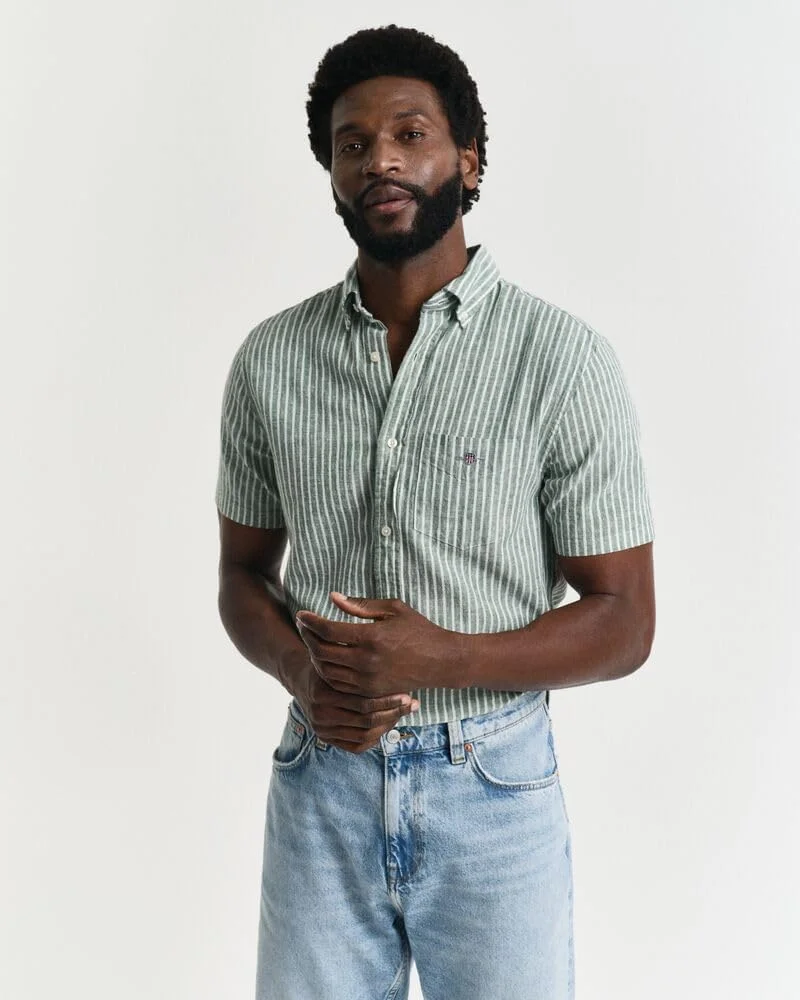 پیراهن آستین کوتاه راه راه مردانه گنت، جنس کتان و پنبه، مدل رگولار