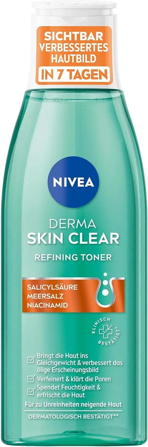 تونر تصفیه کننده پوست نیوآ Derma Skin Clear، تونر صورت برای بهبود مشهود رنگ پوست، پاک کننده صورت با سالیسیلیک اسید و نیاسینامید (200 میلی لیتر)