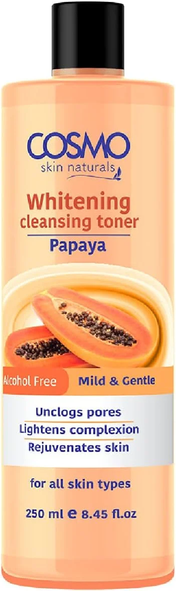 تونر پاک کننده و روشن کننده پاپایا سی دی COSMO DESIGNS، 250 میلی لیتر، شستشوی صورت، مراقبت از پوست، بدون الکل، پاک کننده پوست، درخشان کننده پوست، بدون پارابن، مراقبت روزانه، مناسب فصل تابستان، عمیق، مناسب برای انواع پوست