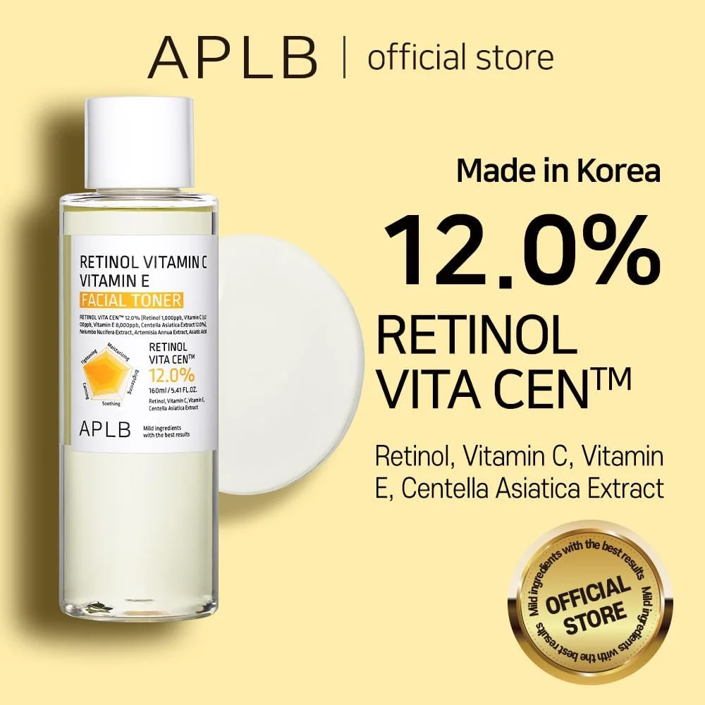 تونر صورت APLB حاوی رتینول، ویتامین C و ویتامین E | RETINOL VITA CEN™ 12.0% حجم 160 میلی لیتر / مراقبت پوست کره ای، مرطوب کننده، احیا کننده و بهبود بافت پوست