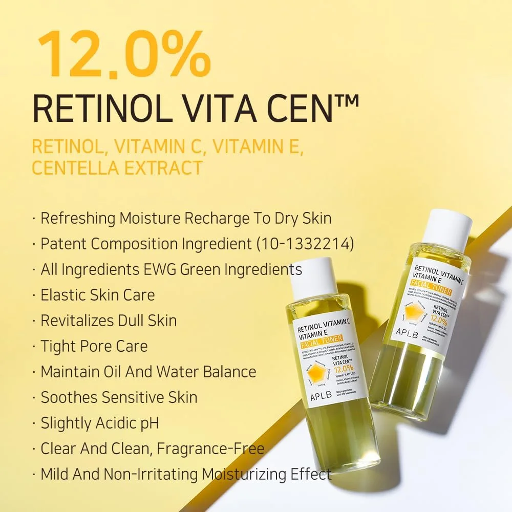 تونر صورت APLB حاوی رتینول، ویتامین C و ویتامین E | RETINOL VITA CEN™ 12.0% حجم 160 میلی لیتر / مراقبت پوست کره ای، مرطوب کننده، احیا کننده و بهبود بافت پوست