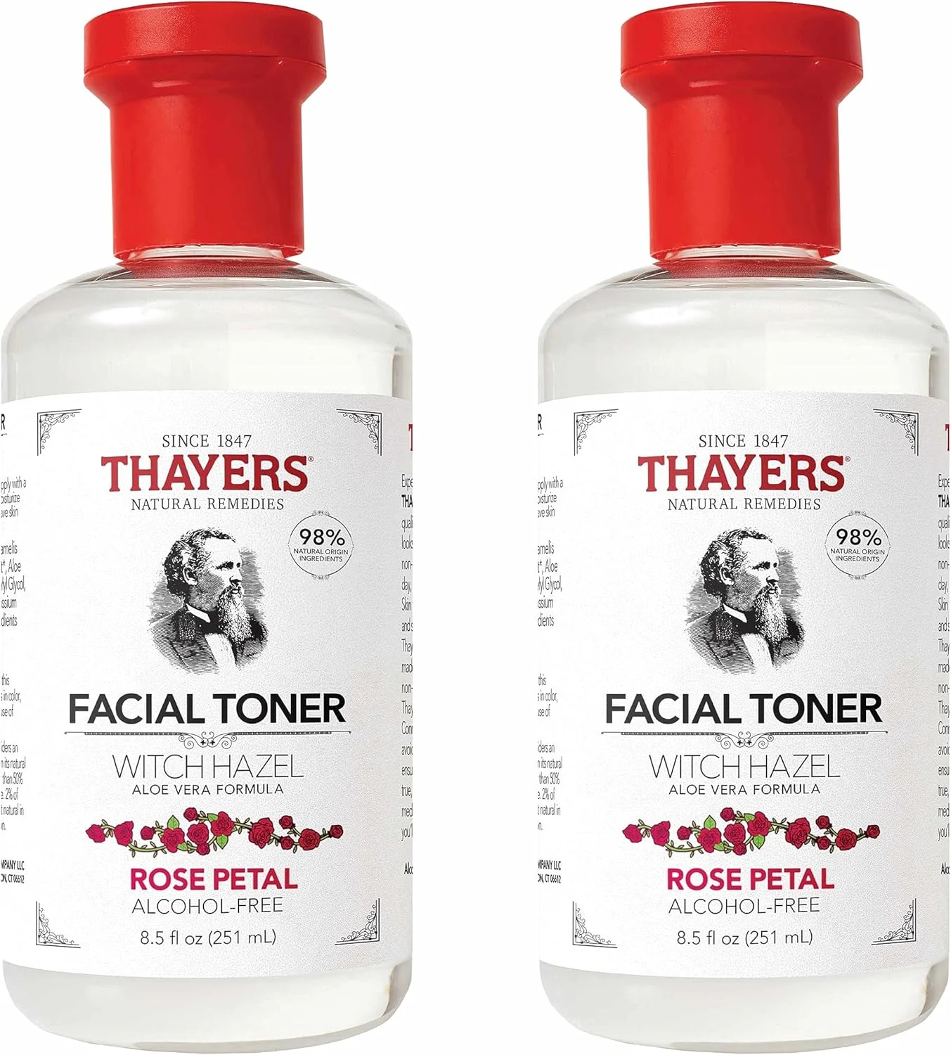 تونر صورت گل رز و فندق افسونگر آبرسان Thayers، فاقد الکل، حاوی فرمول آلوئه ورا، وگان، تست شده و توصیه شده توسط متخصصین پوست، 250 میلی لیتر (بسته 2 عددی)