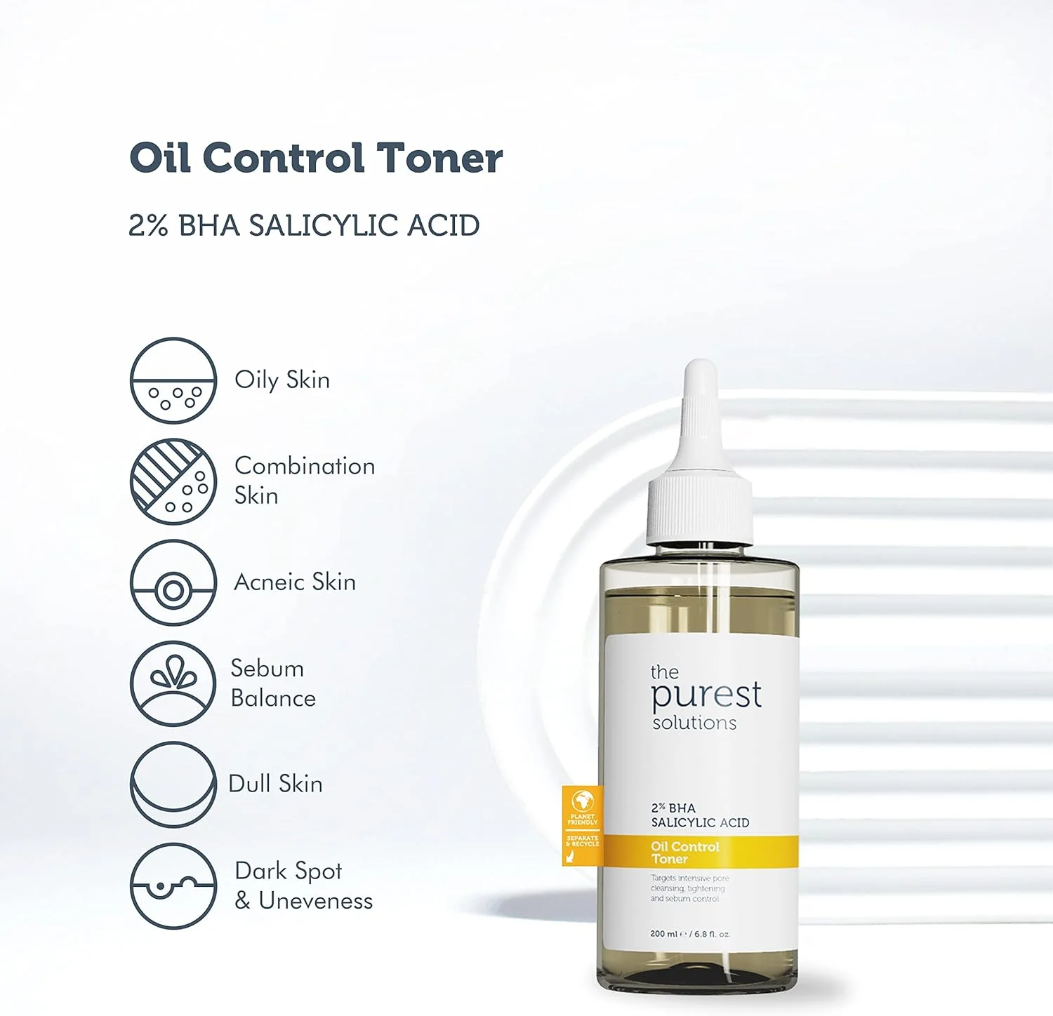 تونر کنترل چربی پوست The Purest Solutions (حاوی 2% BHA سالیسیلیک اسید) - پاکسازی عمقی منافذ - کنترل سبوم - فرمول هدفمند برای جوش های سرسیاه - وگان | بدون تست حیوانی (200 میلی لیتر)