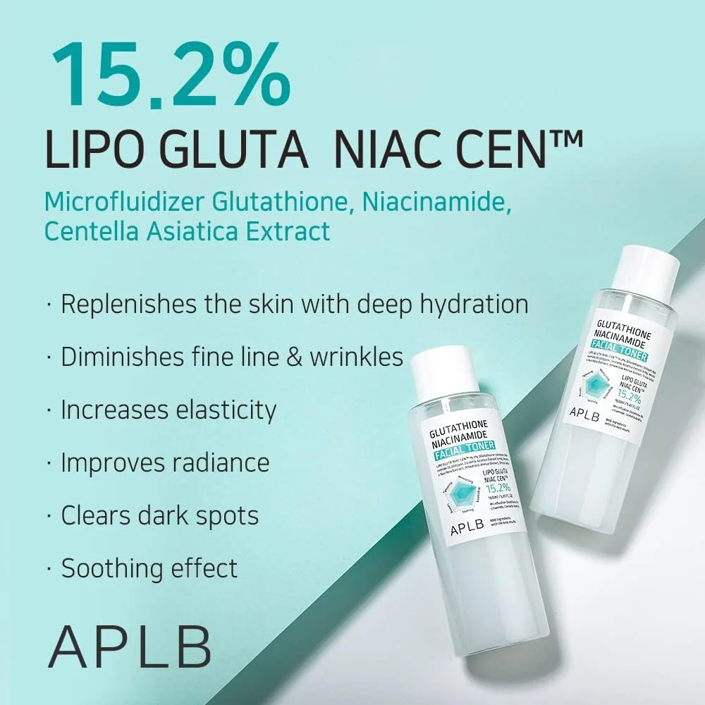 تونر صورت گلوتاتیون نیاسینامید APLB | LIPO GLUTA NIAC CEN™ 15.2% 160 میلی لیتر / مراقبت از پوست کره ای، آبرسانی مجدد، احیا کننده و بهبود بافت پوست از طریق نیاسینامید