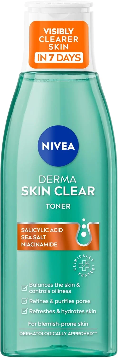 تونر پاک کننده پوست نیوآ Derma Skin Clear (200 میلی لیتر)، تونر پاک کننده و آبرسان، تونر اسید سالیسیلیک غنی شده با نیاسینامید برای متعادل کردن پوست و از بین بردن ناخالصی ها، مناسب برای پوست های مستعد لک