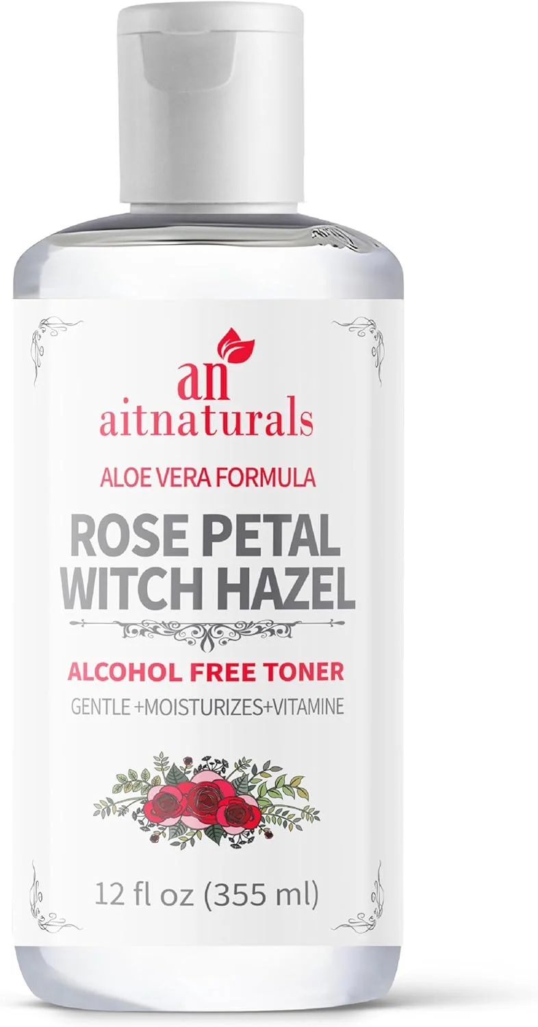 تونر گل رز و فندق افسونگر Aitnaturals، ۳۵۵ میلی لیتر | غنی شده با آلوئه ورا و ویتامین E | کاهش منافذ، صاف کننده پوست، از بین برنده آلودگی، یکنواخت کننده رنگ پوست | بدون الکل با رایحه طبیعی گل رز