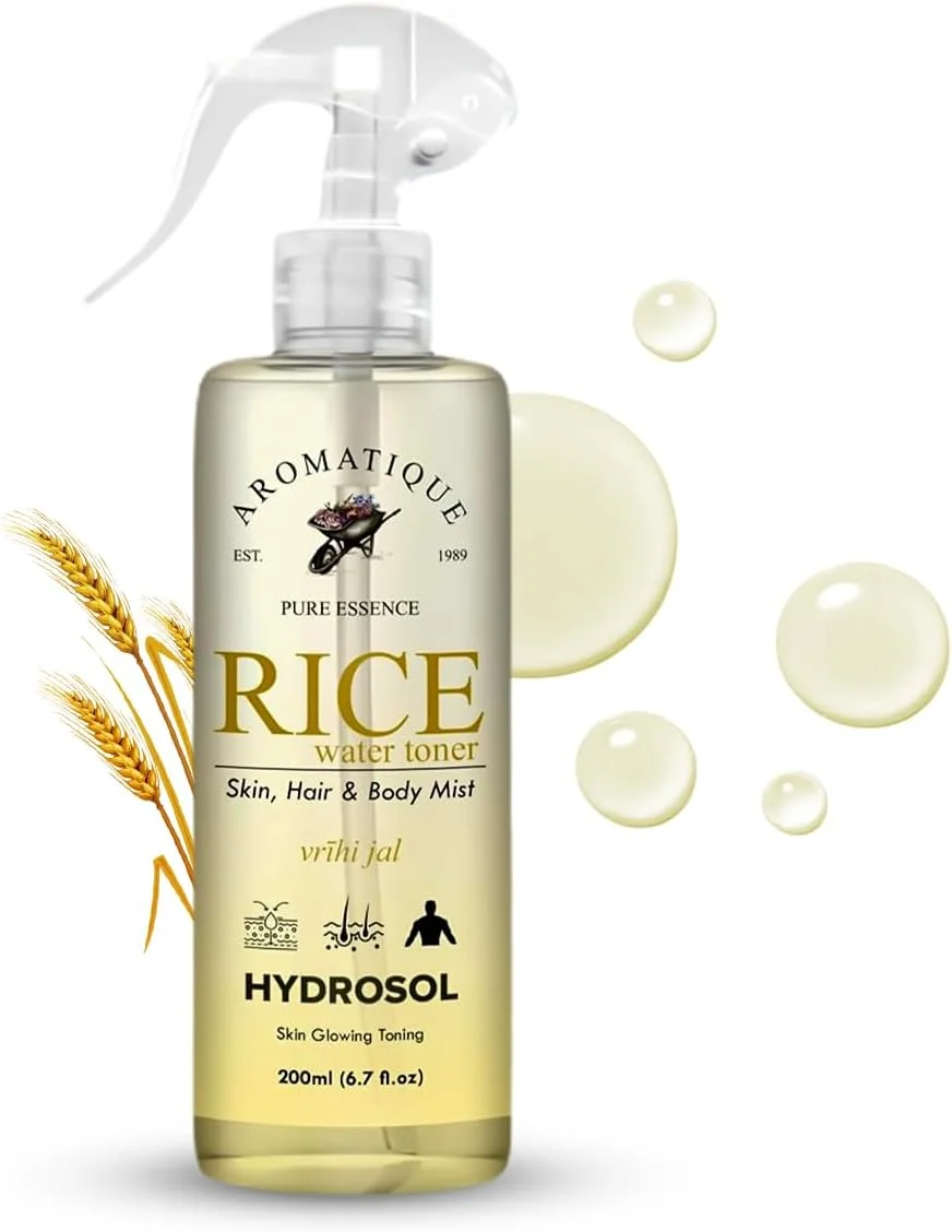 تونر آب برنج آروماتیک، اسپری آبرسان و مغذی صورت، روشن کننده، احیا کننده و نرم کننده، هیدروسول چند منظوره برای پوست و مو، مناسب برای انواع پوست، استفاده روزانه (200 میلی لیتر) صورتی