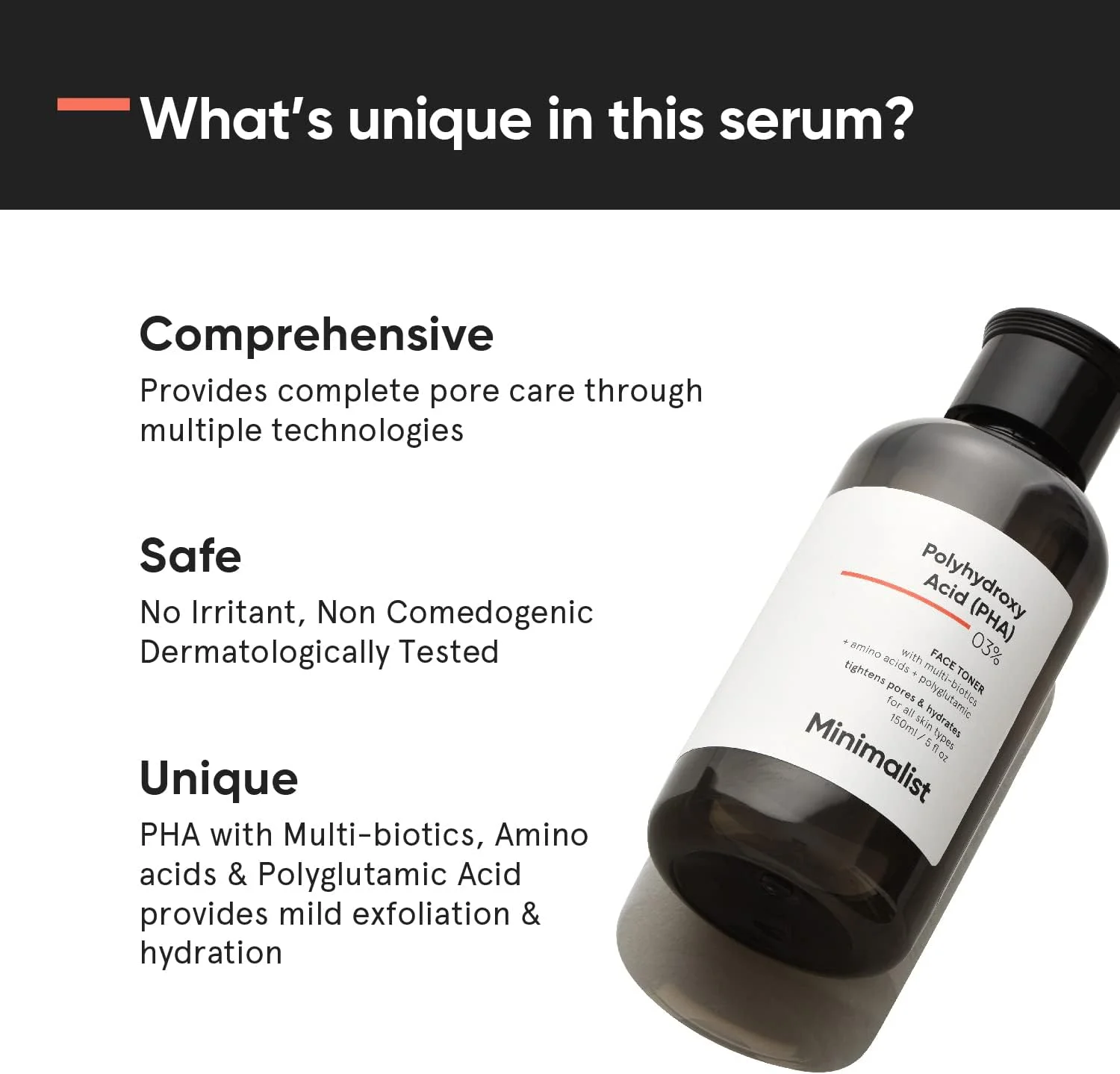 تونر مینیمالیست PHA 3% بدون الکل، 150 میلی لیتر | کوچک کننده منافذ و لایه برداری ملایم برای پوست های چرب، مستعد جوش، حساس و معمولی | تونر آبرسان صورت برای پوست درخشان