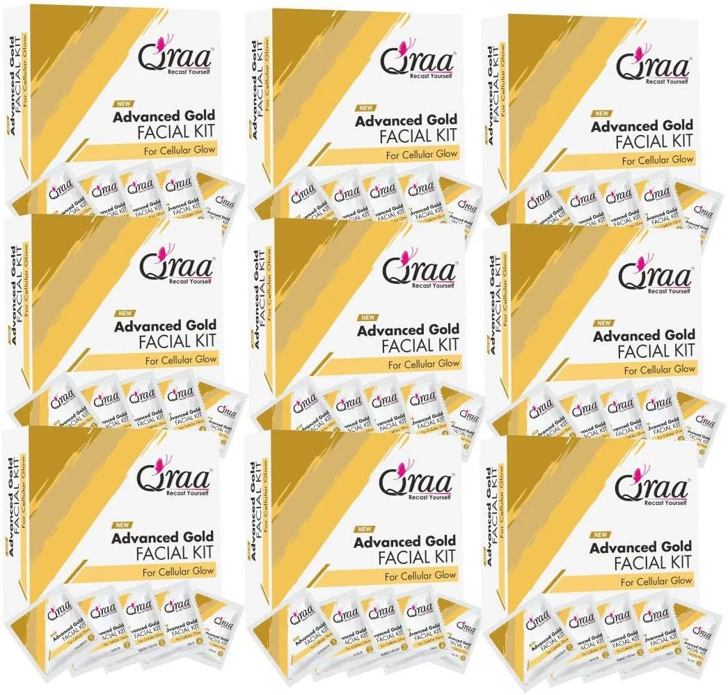 کیت فیشیال طلای پیشرفته Qraa برای درخشش سلولی - کیت فیشیال 5 مرحله ای - 340 میلی لیتر مناسب انواع پوست، شیر پاک کننده، اسکراب صورت، ژل ماساژ، ماسک صورت، سرم صورت