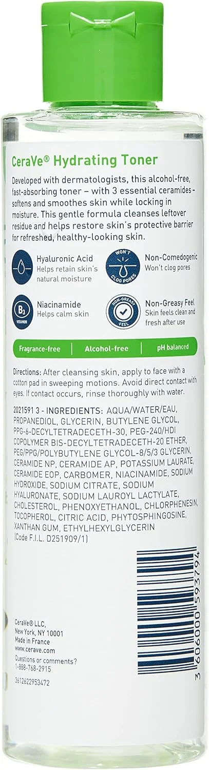 تونر آبرسان صورت سراوی، بدون الکل، حاوی هیالورونیک اسید، نیاسینامید و سرامیدها، مناسب پوست خشک و حساس، بدون عطر، غیر کومدون زا، سایز کامل، 200 میلی لیتر