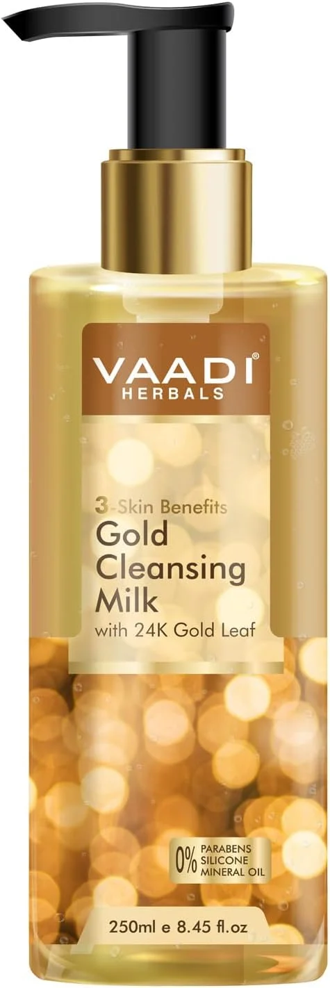شیر پاک کننده طلای گیاهی وادی هربالز حاوی ورق طلای 24 عیار - 3 مزیت برای پوست (250 میلی لیتر)