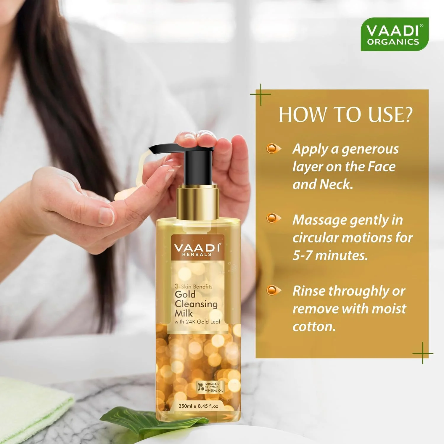 شیر پاک کننده طلای گیاهی وادی هربالز حاوی ورق طلای 24 عیار - 3 مزیت برای پوست (250 میلی لیتر)