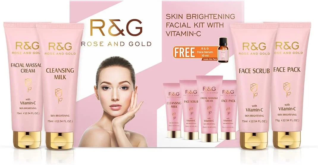 کیت روشن کننده پوست صورت R&G | برای درخشش طلایی | شیر پاک کننده، اسکراب صورت، کرم ماساژ صورت، ماسک صورت | 4 مرحله آسان برای پوستی روشن و درخشان | قابل استفاده تا 10 بار برای صورت | برای