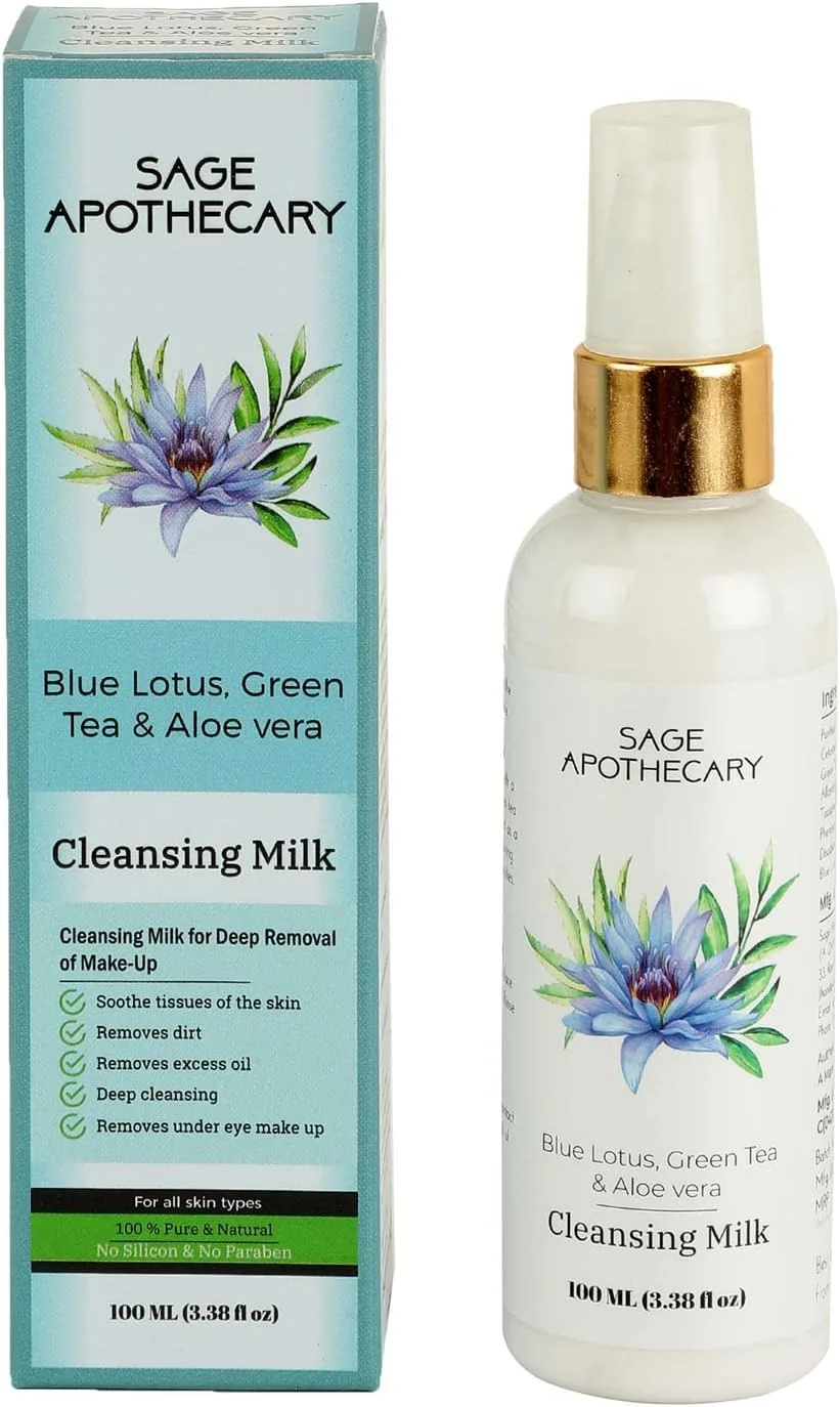 شیر پاک کننده سیج آپوتیکاری حاوی نیلوفر آبی، چای سبز و عصاره طراوت بخش آلوئه ورا مناسب برای انواع پوست ۱۰۰ میلی لیتر