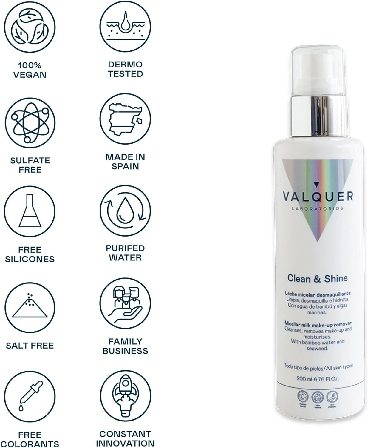 شیر پاک کننده میسلار صورت والکر، پاک کننده آرایش، حاوی آب بامبو و جلبک دریایی. مرطوب کننده، ضد پیری و پاک کننده مناسب انواع پوست. فرمول ملایم و وگان. 200 میلی لیتر