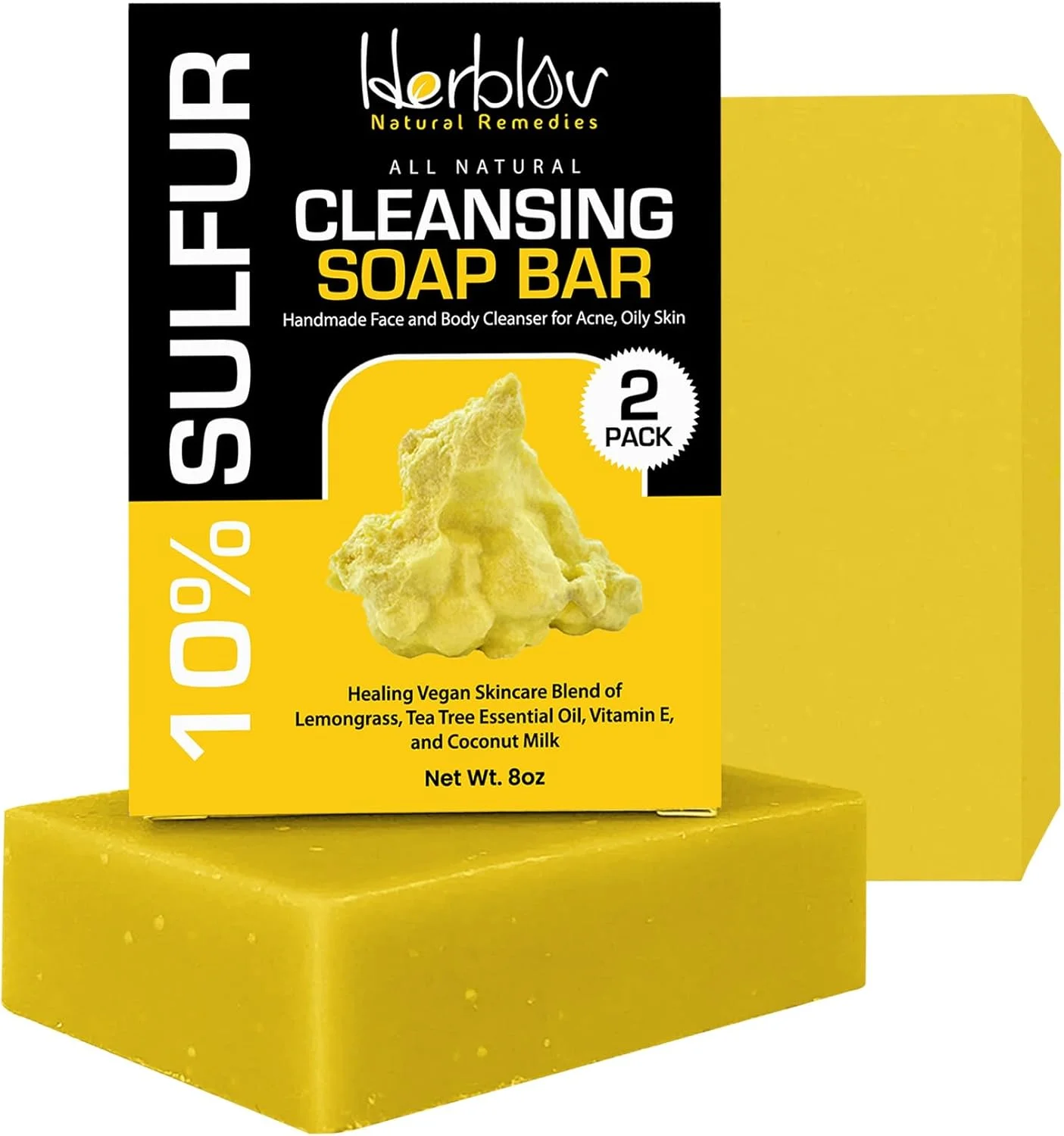 صابون گوگرد 10% برای شستشوی صورت و بدن - پاک کننده طبیعی کنترل کننده درخشش پوست برای آکنه و پوست چرب - تولید شده در ایالات متحده آمریکا، شستشوی مراقبت از پوست التیام بخش با علف لیمو، روغن درخت چای، ویتامین E، شیر نارگیل