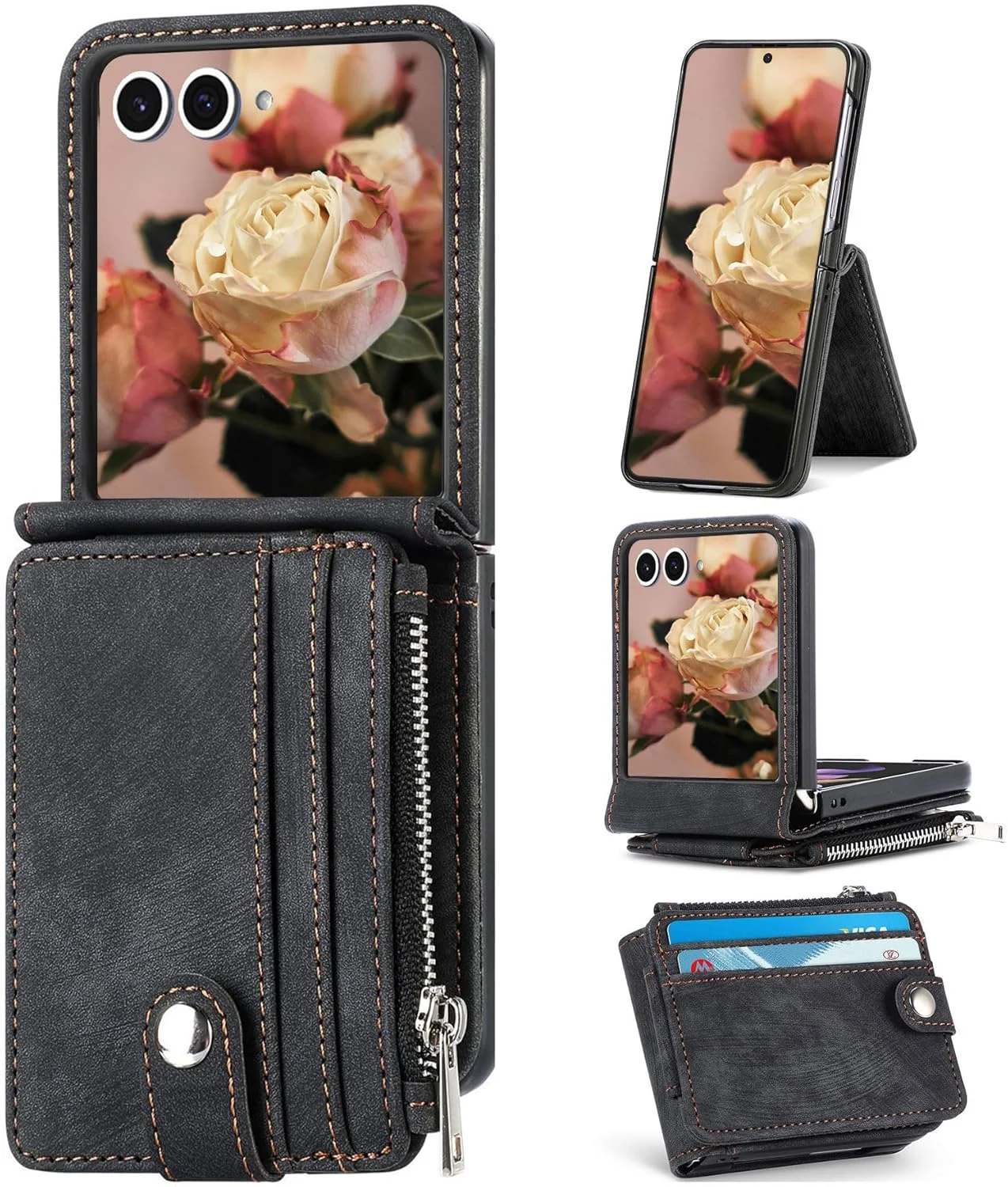 کیف پول KASTWAVE برای گوشی سامسونگ گلکسی زد فلیپ 7، کیف چرمی گوشی با جای کارت و زیپ، کاور مغناطیسی جداشدنی، کیف محافظ ضد ضربه برای زد فلیپ 7 (مشکی)