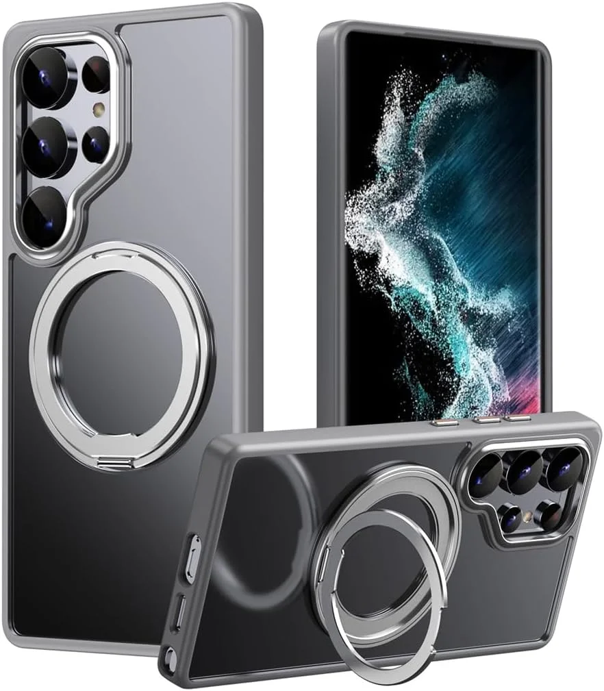 قاب خاکستری KASTWAVE برای Samsung Galaxy S25 Ultra، مغناطیسی / پایه حلقه ای چرخشی 360 درجه نامرئی | محافظت در برابر سقوط درجه نظامی، ضد اثر انگشت، طراحی شفاف مقاوم در برابر ضربه