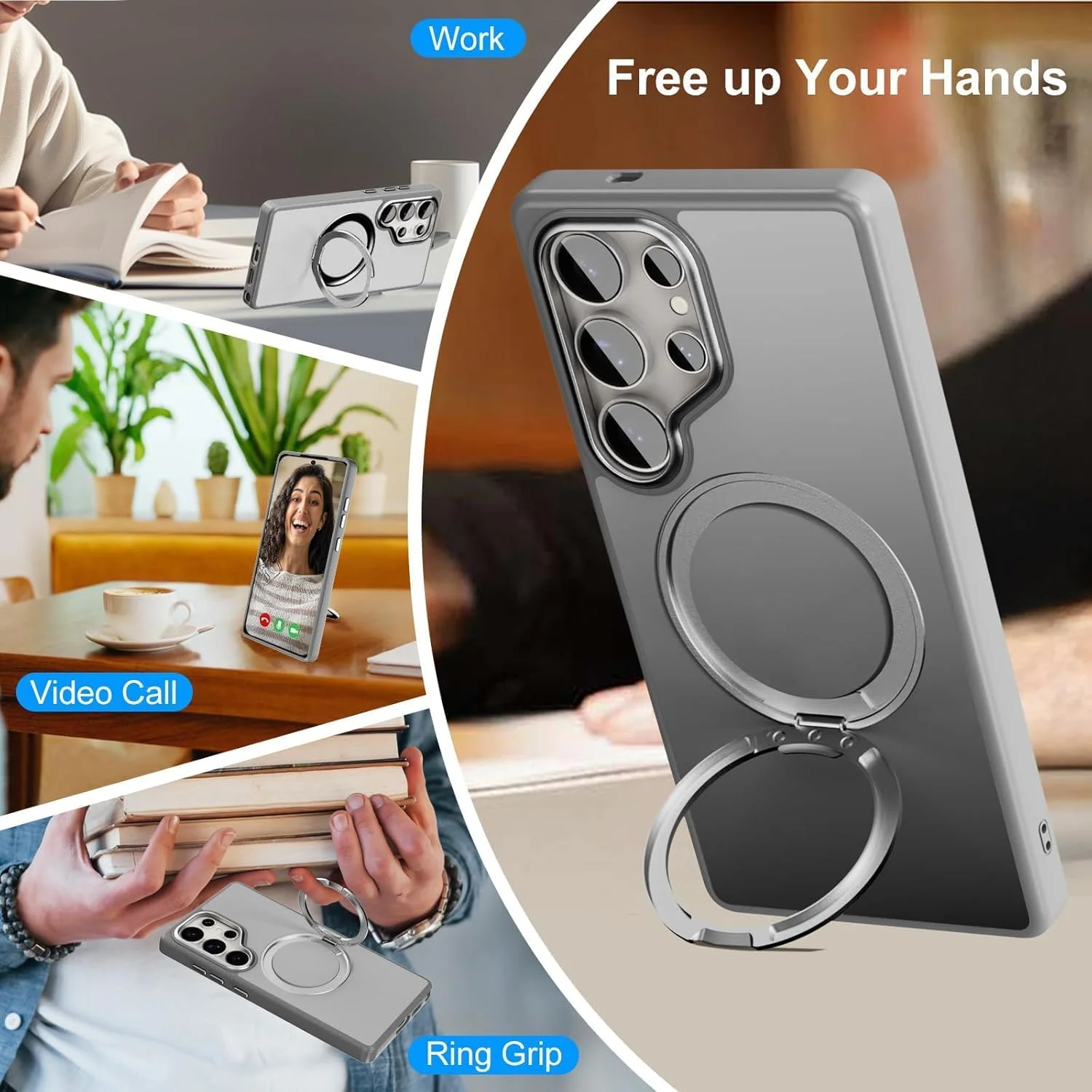 قاب خاکستری KASTWAVE برای Samsung Galaxy S25 Ultra، مغناطیسی / پایه حلقه ای چرخشی 360 درجه نامرئی | محافظت در برابر سقوط درجه نظامی، ضد اثر انگشت، طراحی شفاف مقاوم در برابر ضربه