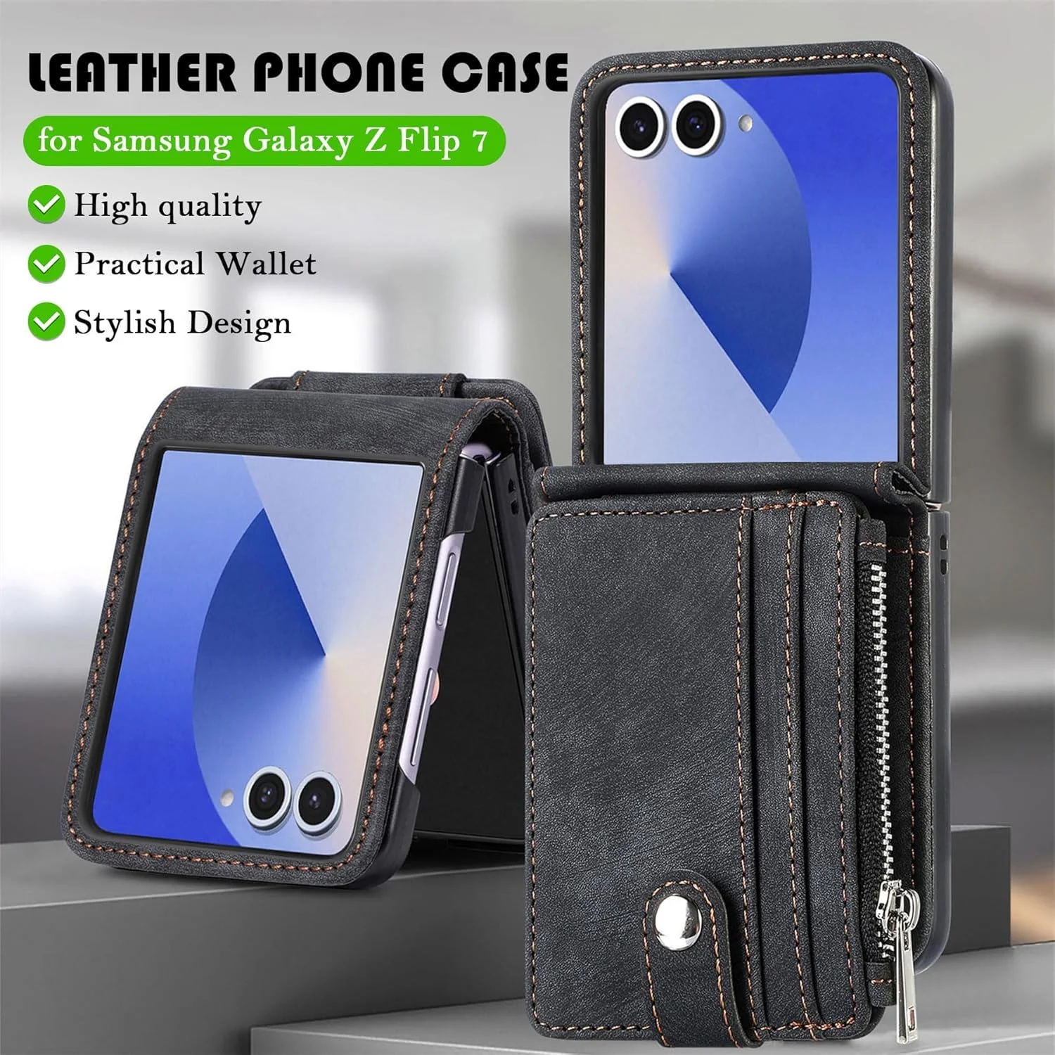 کیف پول KASTWAVE برای گوشی سامسونگ گلکسی زد فلیپ 7، کیف چرمی گوشی با جای کارت و زیپ، کاور مغناطیسی جداشدنی، کیف محافظ ضد ضربه برای زد فلیپ 7 (مشکی)