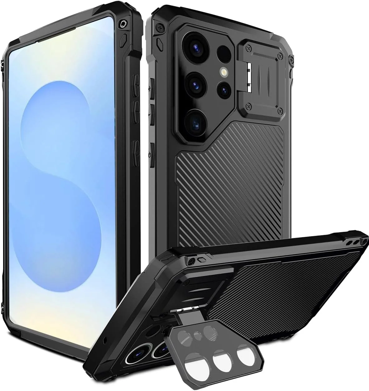 قاب محافظ فلزی سیلیکونی ضد ضربه و بادوام با پوشش دوربین و استند برای گوشی سامسونگ گلکسی S25 Ultra به همراه محافظ صفحه نمایش - مشکی