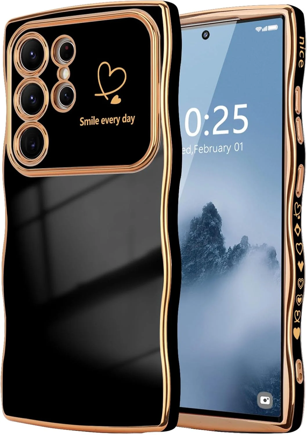 قاب گوشی LCHULLE برای سامسونگ گلکسی S25 Ultra، قاب گوشی طرح قلب با لبه موجی فانتزی برای دختران و بانوان، پوشش محافظ ضد ضربه با آبکاری لوکس برای سامسونگ S25 Ultra، مشکی