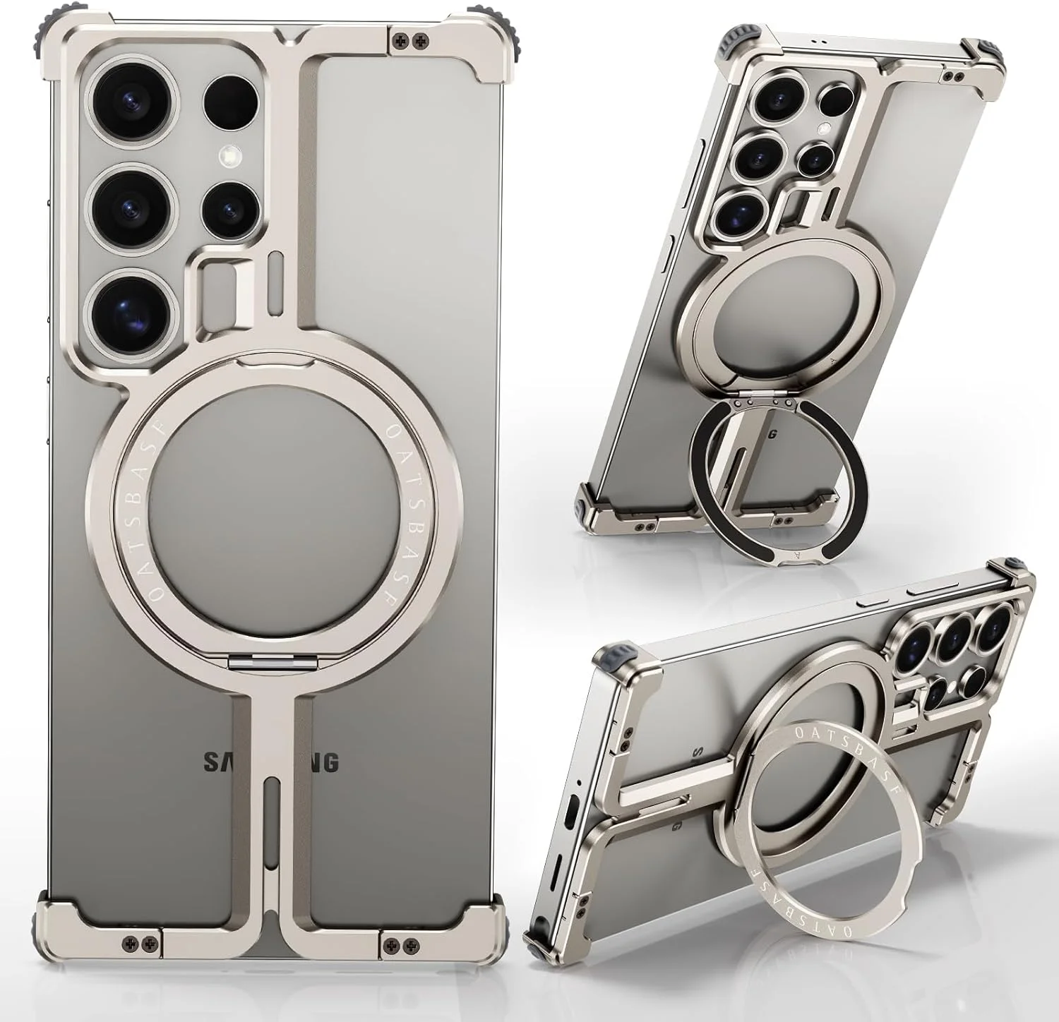قاب محافظ مغناطیسی برای S25 Ultra با پایه انگشتی حلقه‌ای، چرخش 360 درجه، فریم فلزی باریک بدون حاشیه برای قاب Samsung Galaxy S25 Ultra، ضد ضربه مینیمالیستی باریک و بسیار نازک برای پوشش S25 Ultra (طبیعی)