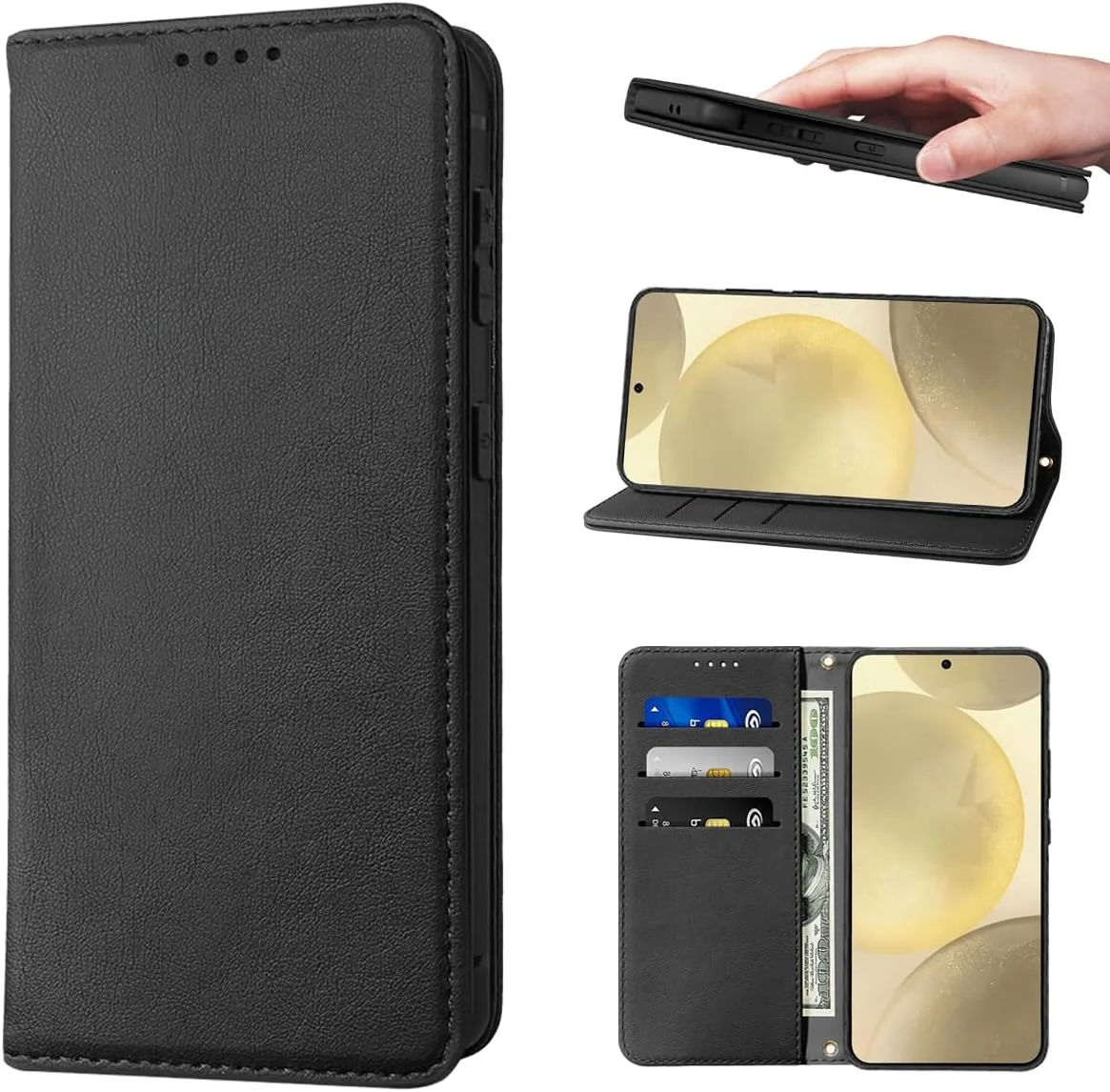 کیف پول چرمی برای گوشی سامسونگ گلکسی S25، کاور تاشو PU با قفل مغناطیسی و طراحی کتابی با قابلیت استند و جای کارت - مشکی