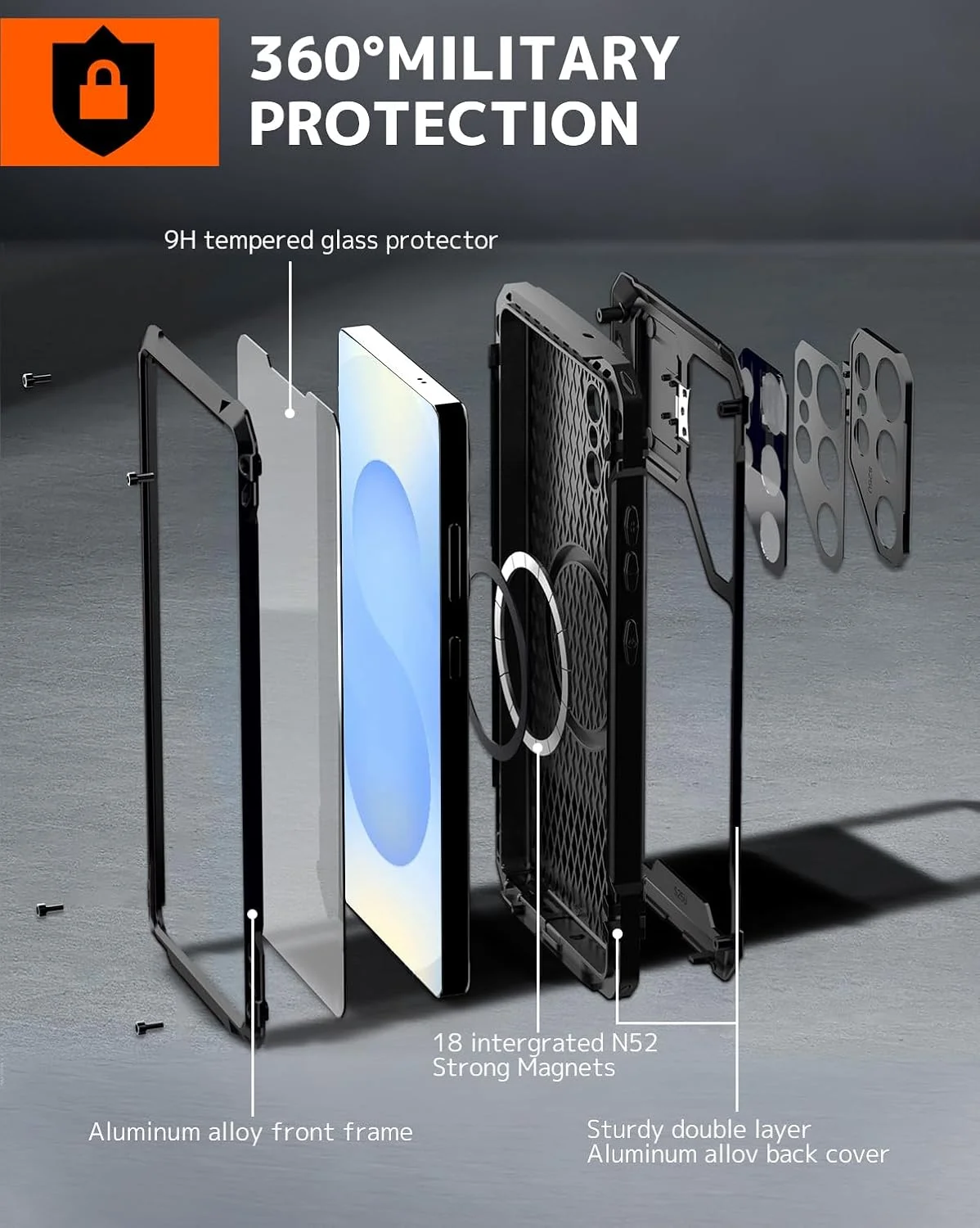 قاب محافظ فلزی سیلیکونی ضد ضربه و بادوام با پوشش دوربین و استند برای گوشی سامسونگ گلکسی S25 Ultra به همراه محافظ صفحه نمایش - مشکی