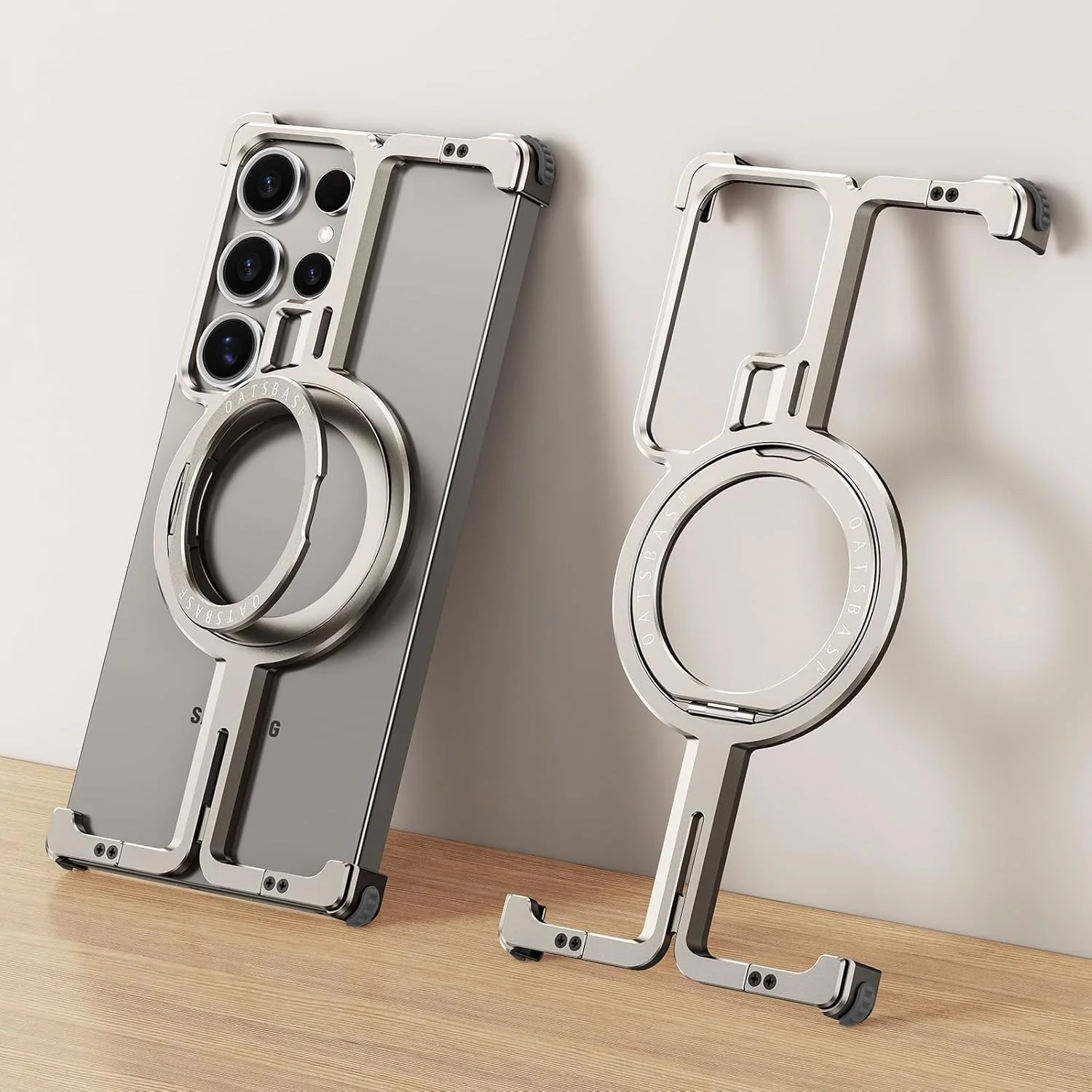 قاب محافظ مغناطیسی برای S25 Ultra با پایه انگشتی حلقه‌ای، چرخش 360 درجه، فریم فلزی باریک بدون حاشیه برای قاب Samsung Galaxy S25 Ultra، ضد ضربه مینیمالیستی باریک و بسیار نازک برای پوشش S25 Ultra (طبیعی)