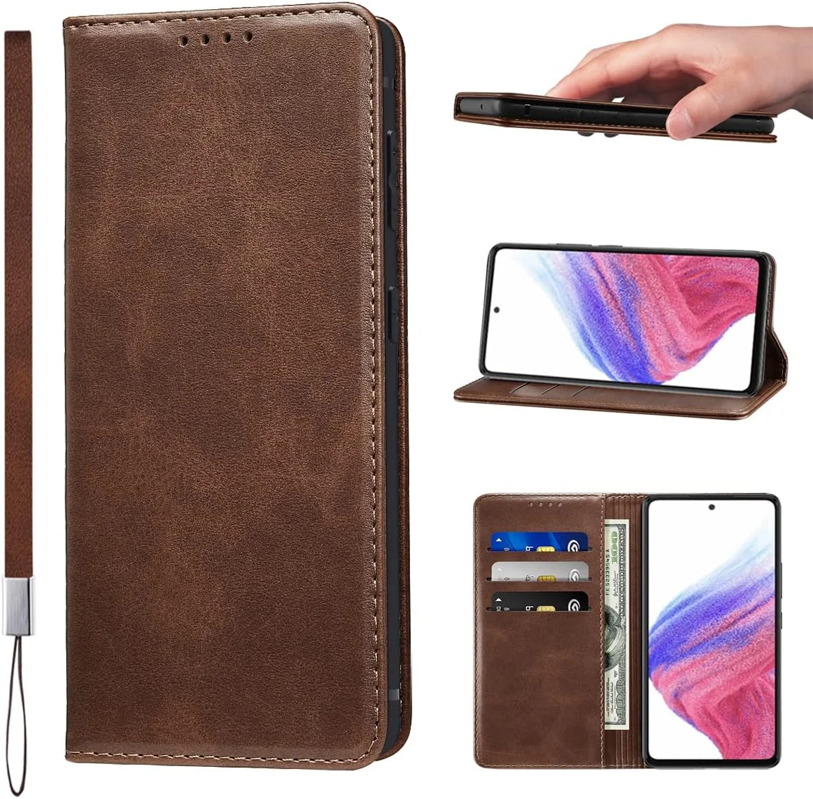 کاور چرمی گوشی سامسونگ گلکسی A53 5G به همراه بند مچی، کیف پول و جای کارت، ضد ضربه - قهوه ای