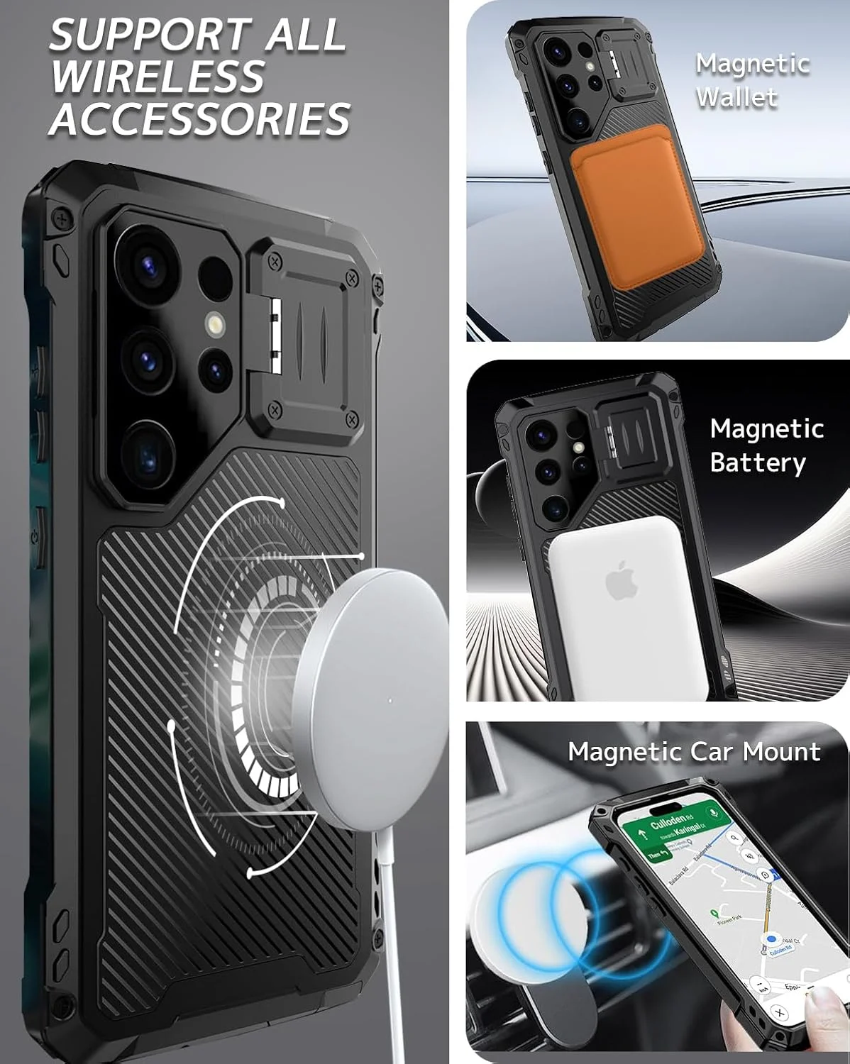 قاب محافظ فلزی سیلیکونی ضد ضربه و بادوام با پوشش دوربین و استند برای گوشی سامسونگ گلکسی S25 Ultra به همراه محافظ صفحه نمایش - مشکی