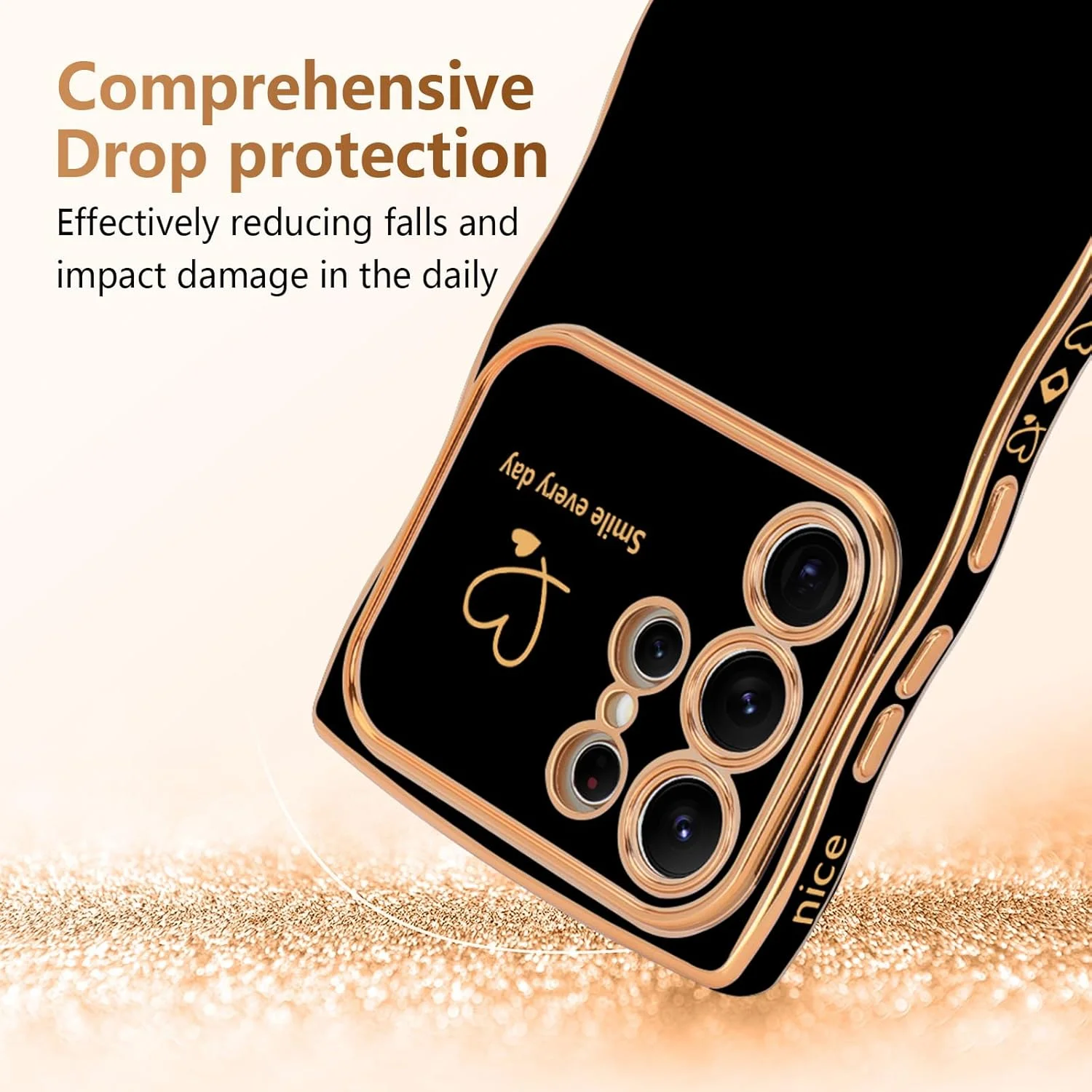 قاب گوشی LCHULLE برای سامسونگ گلکسی S25 Ultra، قاب گوشی طرح قلب با لبه موجی فانتزی برای دختران و بانوان، پوشش محافظ ضد ضربه با آبکاری لوکس برای سامسونگ S25 Ultra، مشکی