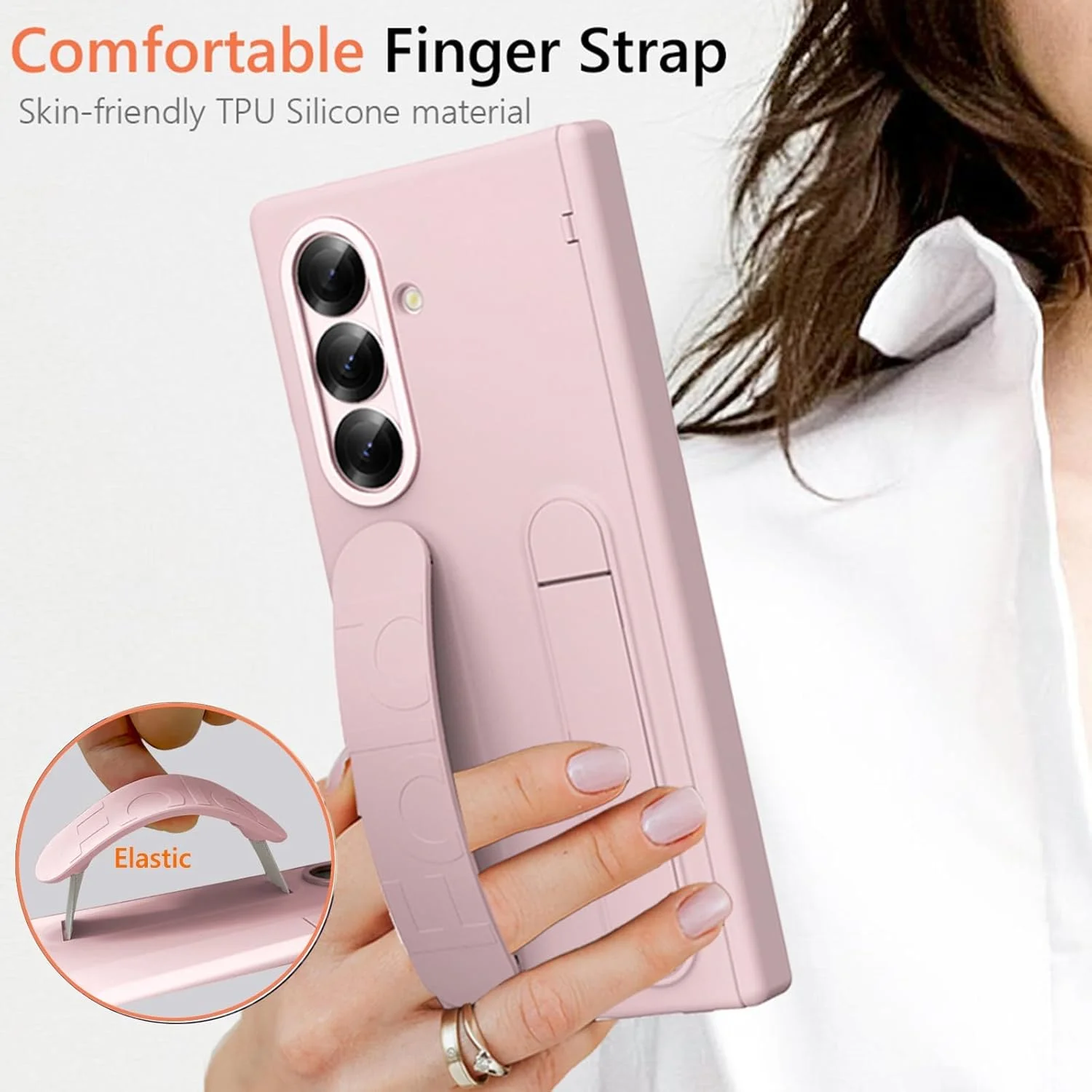 قاب گوشی سامسونگ گلکسی زد فولد 7 با بند مچی، پایه تاشو، محافظ لولا و لبه، محافظ صفحه نمایش HD، پوشش کامل ضد ضربه و مقاوم در برابر افتادن (صورتی)