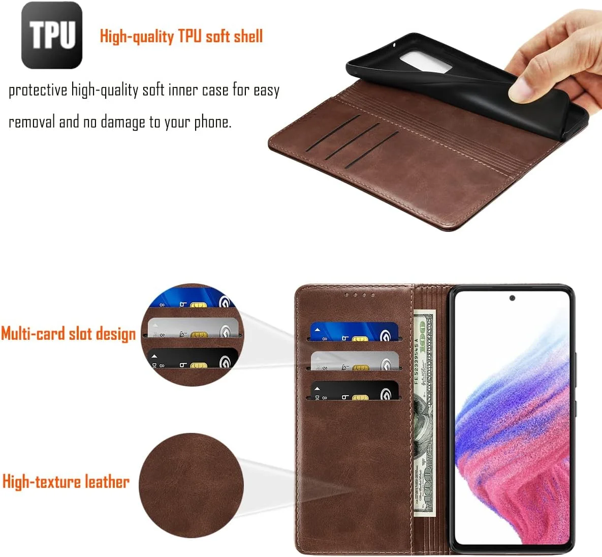 کاور چرمی گوشی سامسونگ گلکسی A53 5G به همراه بند مچی، کیف پول و جای کارت، ضد ضربه - قهوه ای
