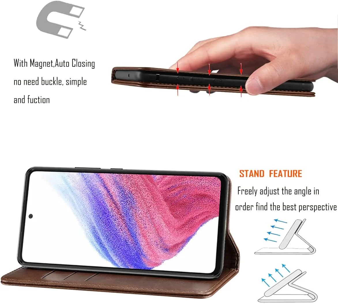 کاور چرمی گوشی سامسونگ گلکسی A53 5G به همراه بند مچی، کیف پول و جای کارت، ضد ضربه - قهوه ای