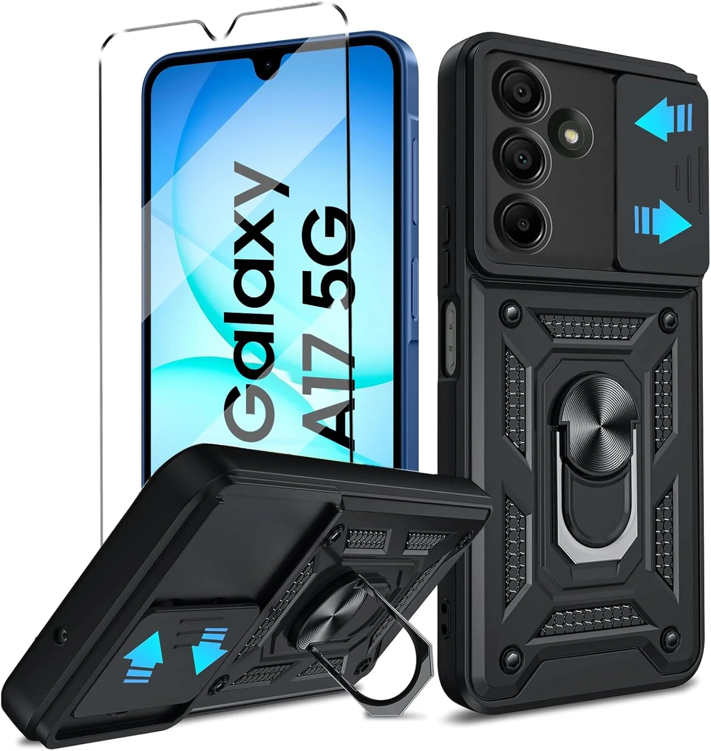 کاور محافظ دو منظوره گوشی سامسونگ گلکسی A17 5G به همراه محافظ لنز کشویی و محافظ صفحه نمایش، مقاوم و بادوام، مشکی
