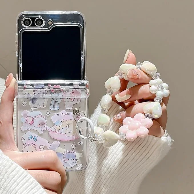قاب گوشی تاشو تزویق با دستبند، طرح کارتونی گربه بامزه و نفیس، سازگار با سامسونگ گلکسی زد فلیپ 6، محافظت از لولا، TPU نرم ضد ضربه، کاور گوشی تاشو برای زنان و دختران