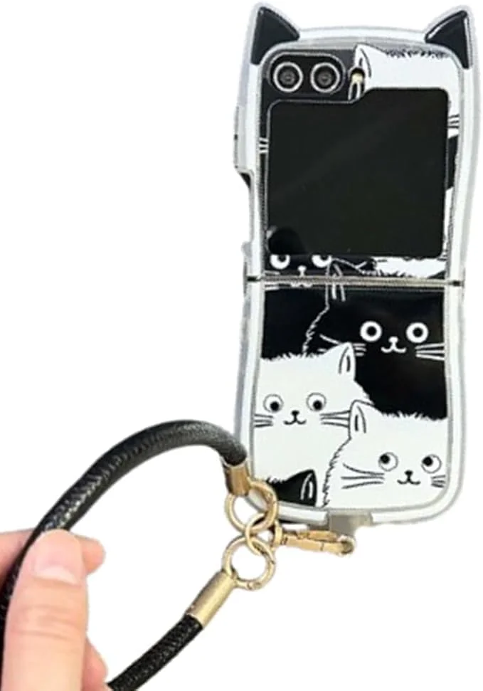 قاب گوشی تاشو تزویق با دستبند، طرح کارتونی گربه سیاه بامزه و نفیس، سازگار با سامسونگ گلکسی زد فلیپ 7، محافظت از لولا، TPU نرم ضد ضربه، کاور گوشی تاشو برای زنان و دختران