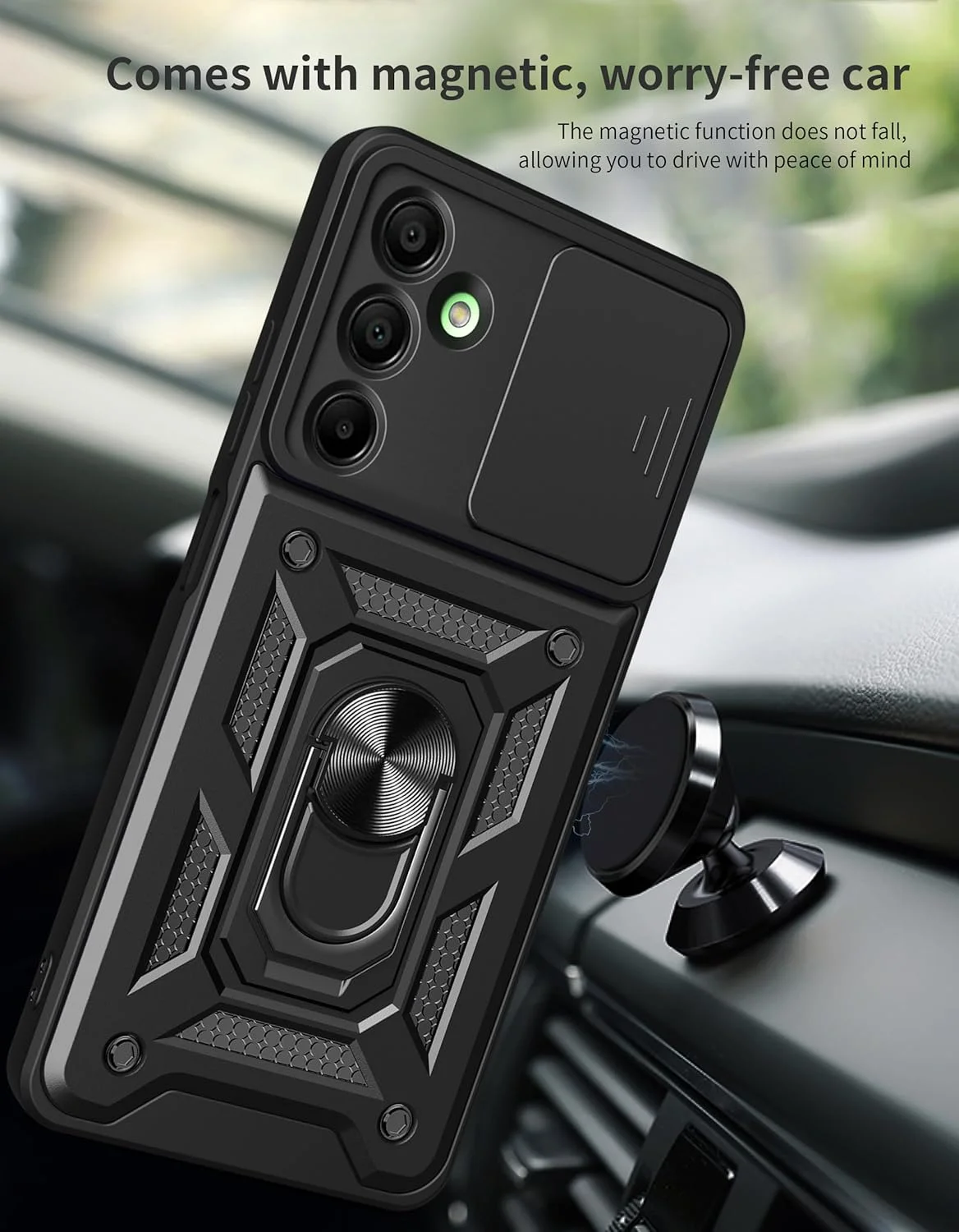 کاور محافظ دو منظوره گوشی سامسونگ گلکسی A17 5G به همراه محافظ لنز کشویی و محافظ صفحه نمایش، مقاوم و بادوام، مشکی