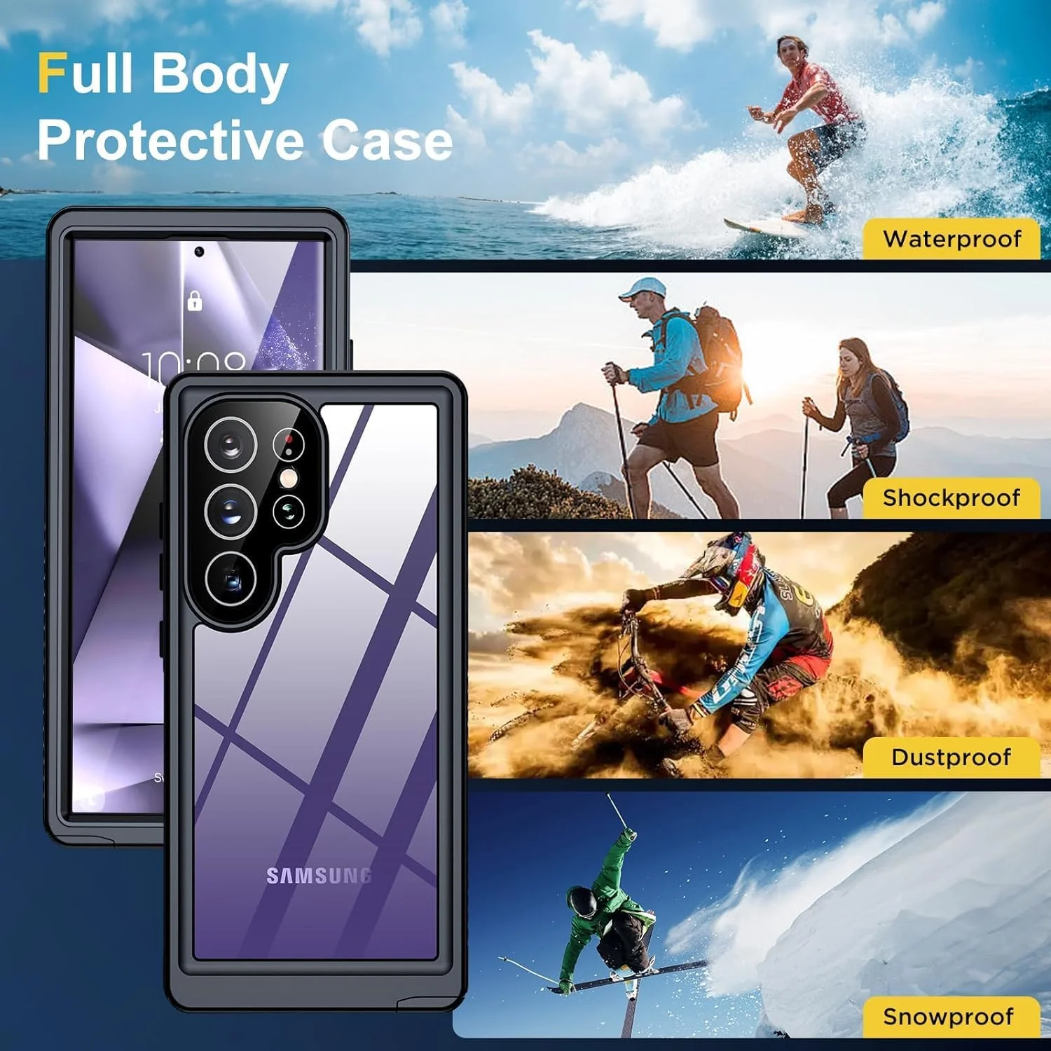قاب محافظ ضد آب برای گوشی سامسونگ گلکسی S24 Ultra، [دارای محافظ لنز و صفحه نمایش داخلی] [محافظت کامل بدنه و مقاوم در برابر ضربه سنگین نظامی از ارتفاع 4 متری] [دارای استاندارد IP68 برای استفاده در زیر آب] مناسب برای S24 Ultra [بدون قلم]