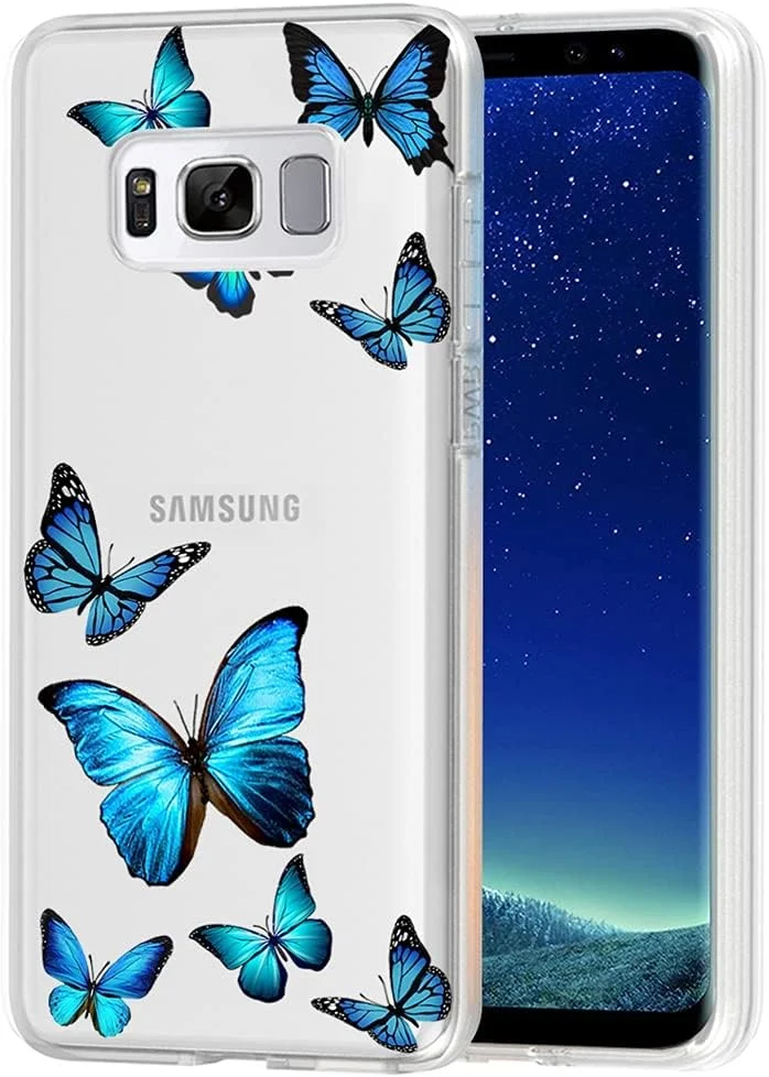 قاب محافظ گوشی سامسونگ گلکسی اس 8، طرح پروانه آبی، باریک، ضد ضربه، طرح شفاف، TPU نرم و انعطاف پذیر