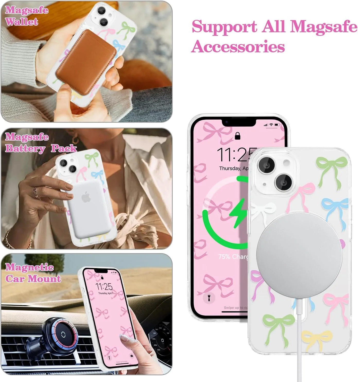 قاب مغناطیسی UEEBAI برای گوشی سامسونگ گلکسی A17 5G، قاب پاپیونی سازگار با MagSafe، کاور باریک و شفاف با طرح روبان، ضد زردی و ضد ضربه مناسب برای خانم ها و دختران - رنگارنگ