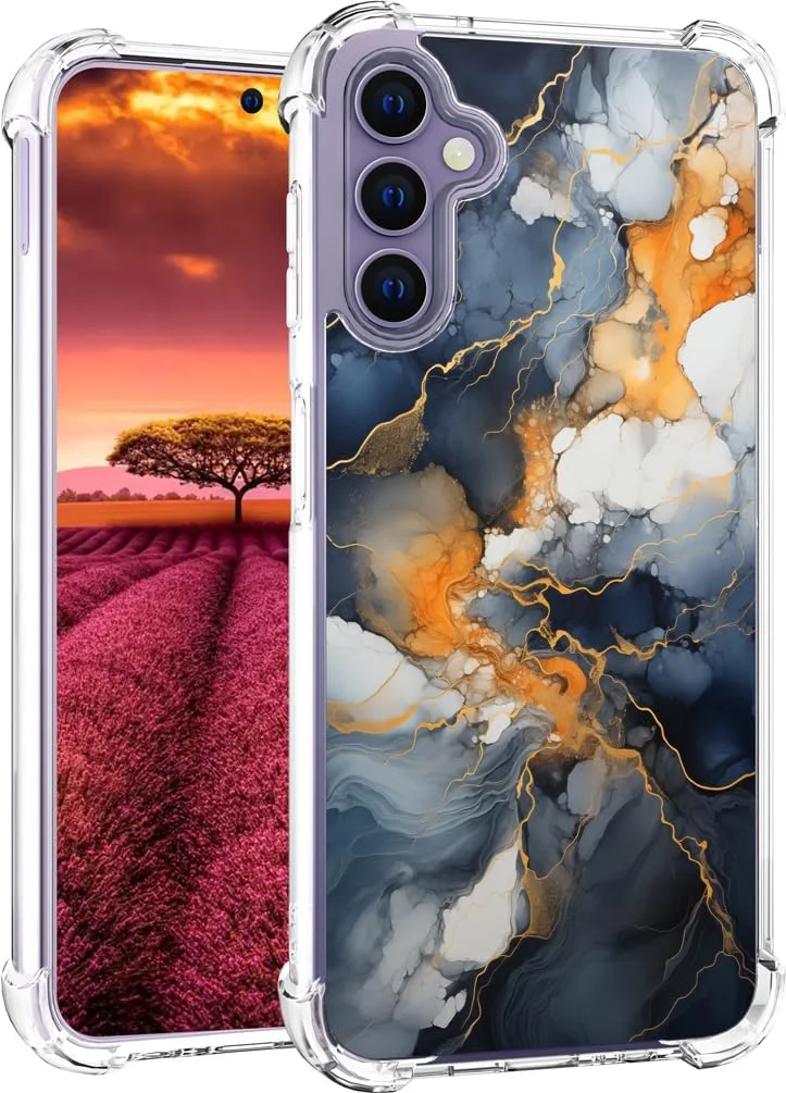 قاب محافظ طرح دار زیبا برای گوشی S24+ Plus، کاور شفاف سیلیکونی سازگار با گوشی سامسونگ گلکسی S24 پلاس (طرح سنگ مرمر، بافت گردابی خاکستری آبی)