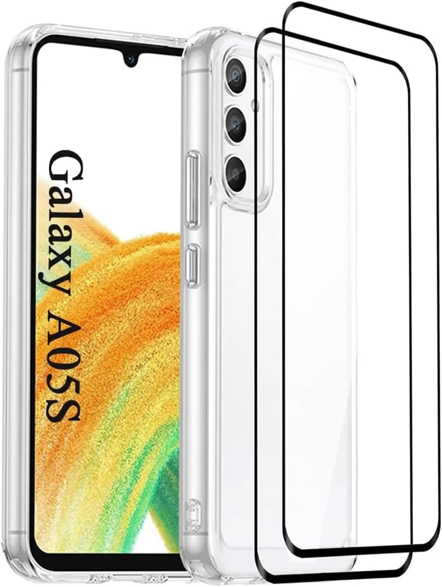 کاور شفاف [3 در 1] برای گوشی سامسونگ گلکسی A05S، به همراه 2 عدد محافظ صفحه نمایش شیشه ای حرارت دیده، کاور محافظ گوشی با ضربه گیر ضد ضربه برای سامسونگ A05S (شفاف، A05S)