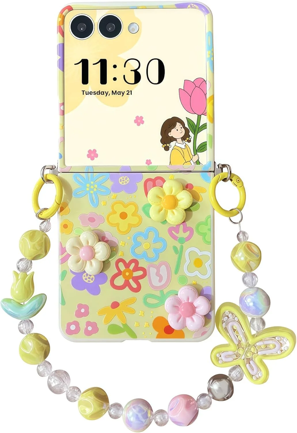 قاب گوشی سامسونگ گلکسی زد فلیپ 7 با زنجیر، طراحی شیک گل زرد، کاور TPU ضد اثر انگشت و مقاوم در برابر ضربه، باریک با بند آویز، هدیه ایده آل برای زنان و دختران در امارات و عربستان