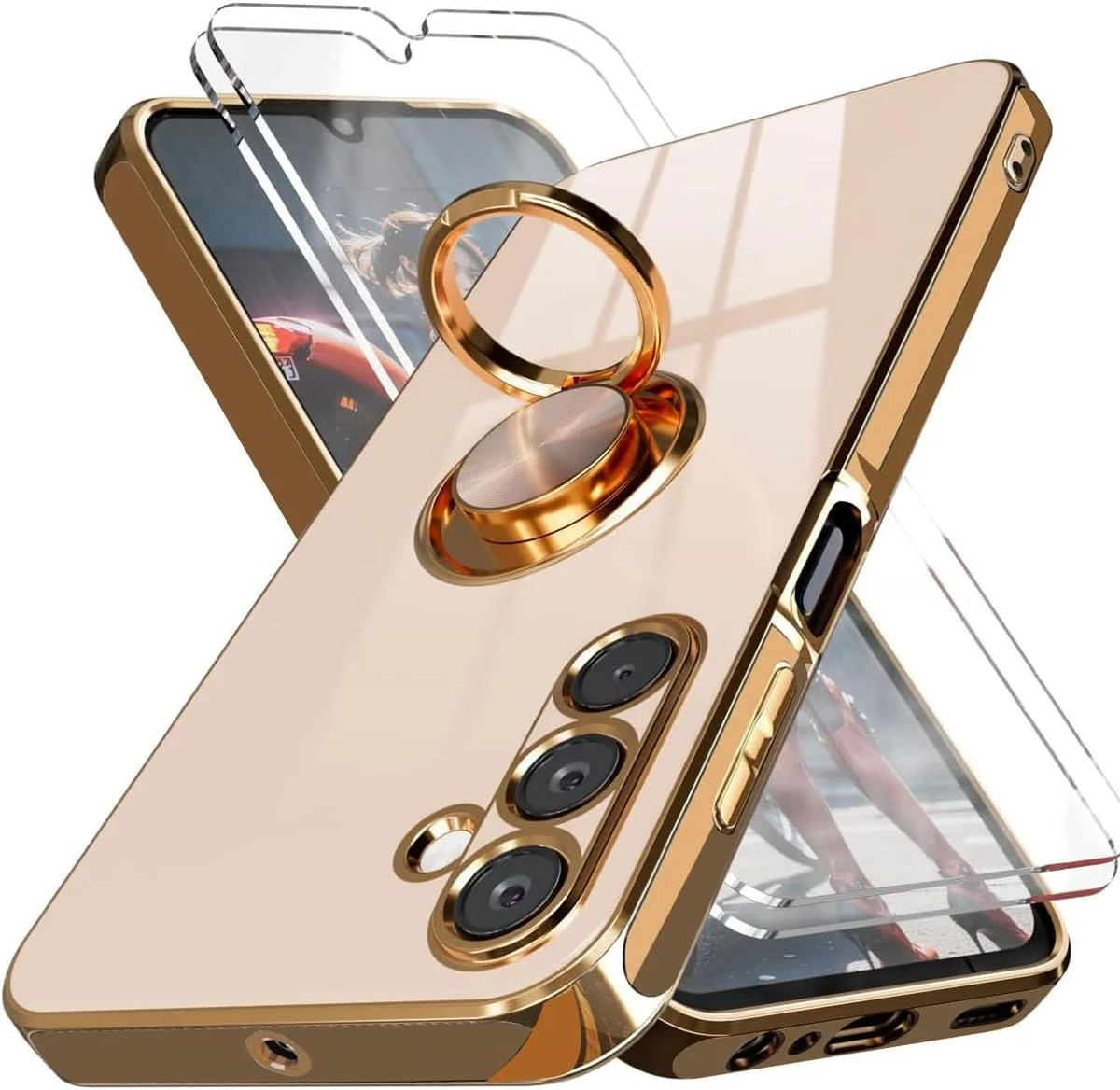 کاور گوشی سامسونگ گلکسی A34 مدل [3 در 1]، به همراه محافظ صفحه نمایش، دارای حلقه نگهدارنده چرخان 360 درجه و استند مغناطیسی، کاور باریک و نرم TPU با لبه های طلایی برای گلکسی A34 (صورتی، A34)
