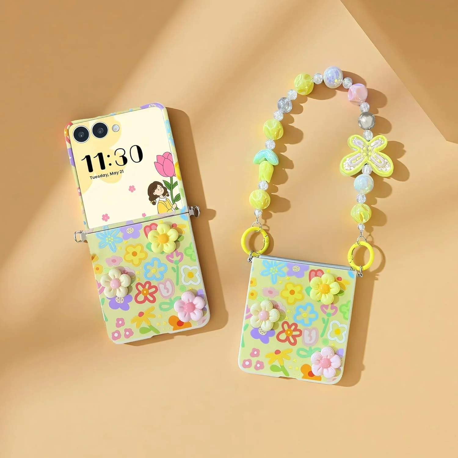 قاب گوشی سامسونگ گلکسی زد فلیپ 7 با زنجیر، طراحی شیک گل زرد، کاور TPU ضد اثر انگشت و مقاوم در برابر ضربه، باریک با بند آویز، هدیه ایده آل برای زنان و دختران در امارات و عربستان